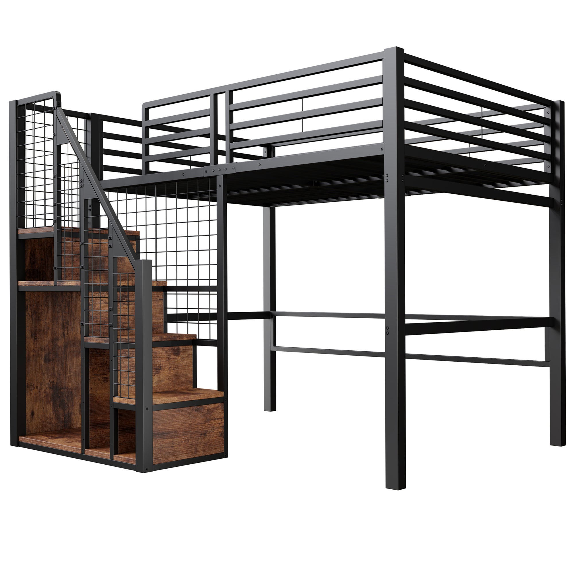 Lit mezzanine double 140×200cm, Avec espace de rangement, Lit enfant en fer, avec escalier de sécurité et garde-corps, Noir (matelas non inclus) - 9