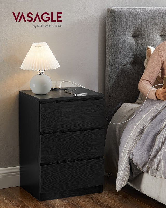 Table de Chevet avec Multiprise, Lot de 2, Table d’Appoint avec 3 Tiroirs, 2 Prises CA, 2 Ports USB, Noir Boisé - 2