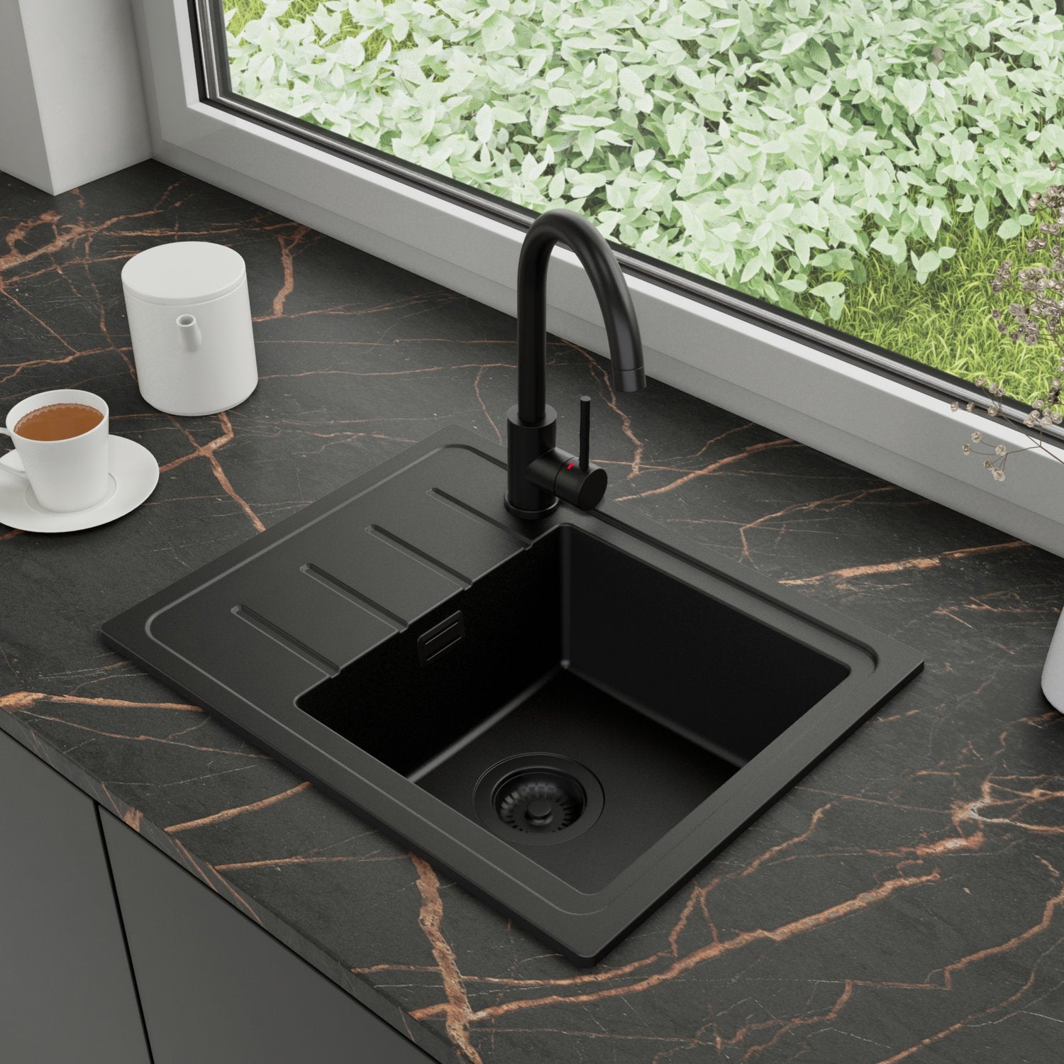 Zlewozmywak Granitowy 55x44cm, do szafki od 45cm + Bateria + Syfon - Ametyst Cały Czarny STONESTYLE
