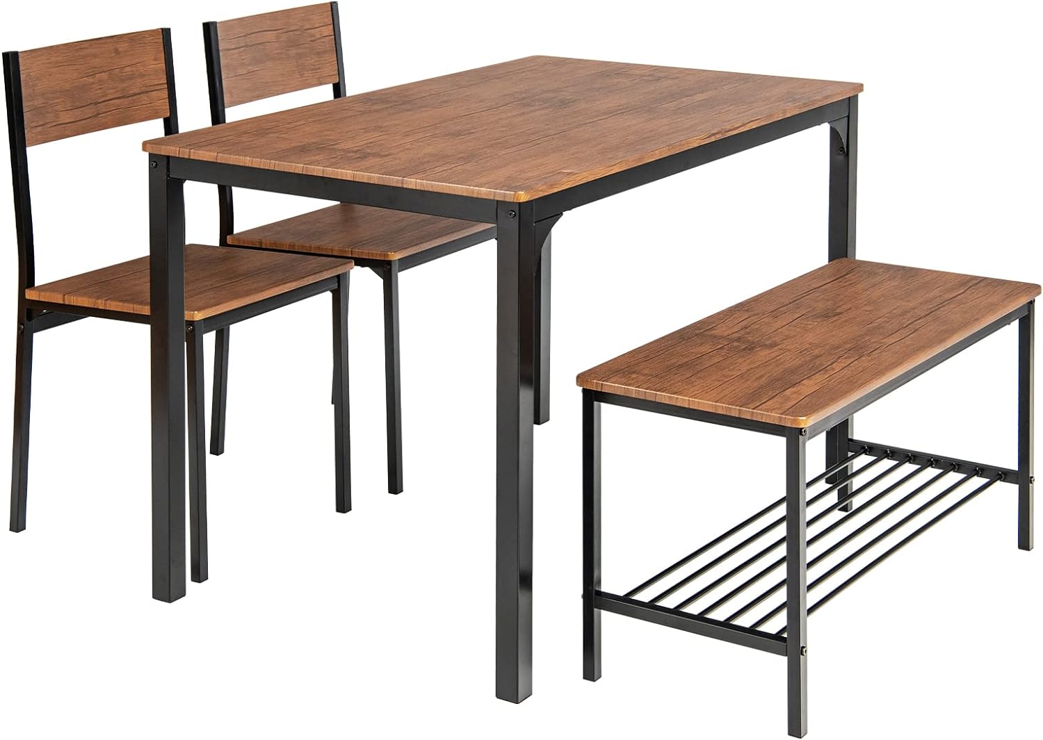 4-Częściowy Zestaw Do Jadalni: Stół Kuchenny z 2 Krzesłami, Ławką i Regałem, Metalowa Rama (Brązowy)
