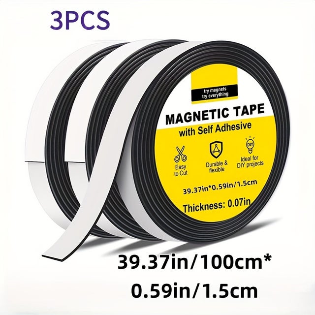Aimant souple - autocollant magnétique pour bords de moustiquaire - découpable - aimant auto-adhésif - (15 mm x 1,5 mm - 3 rouleaux)