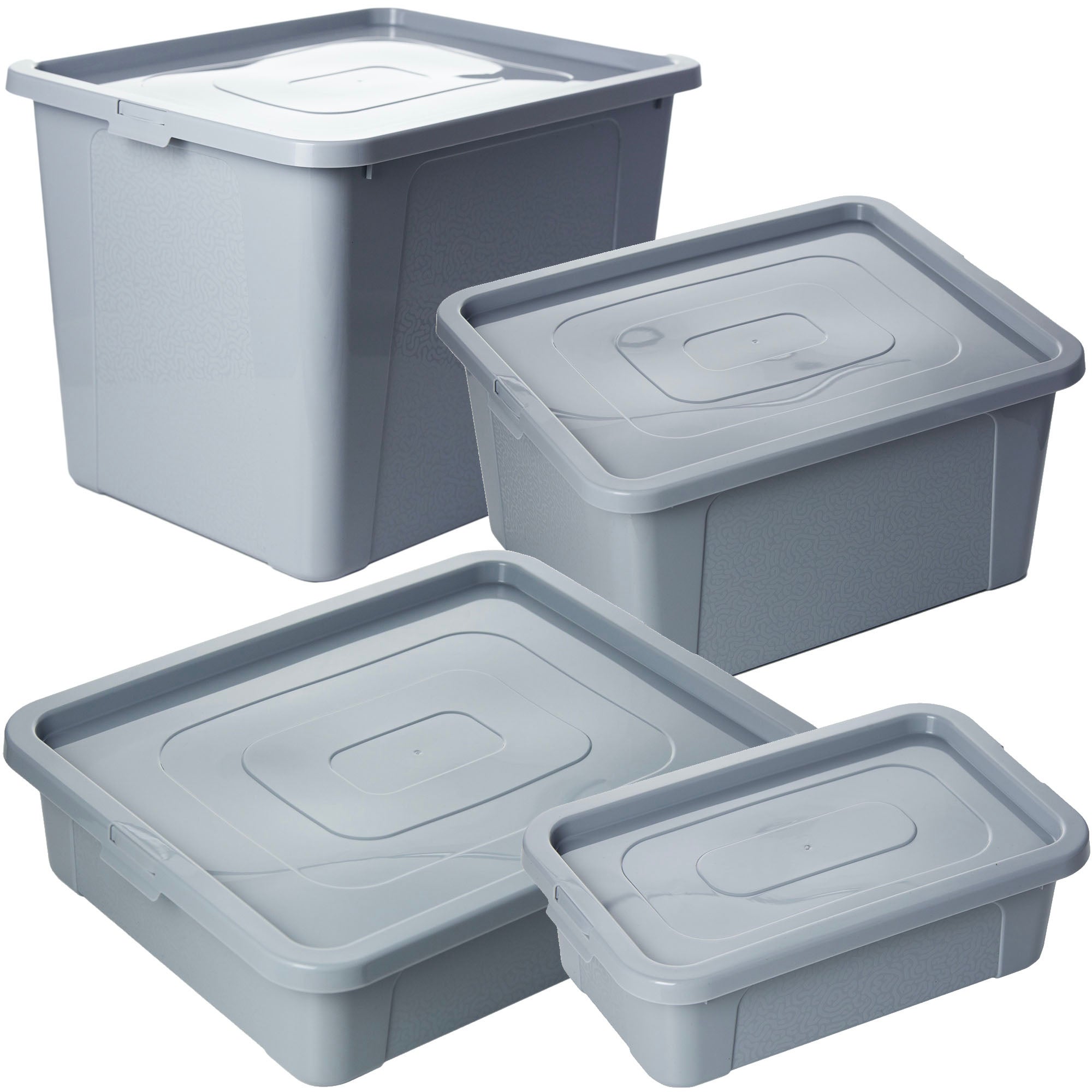 4x Pojemnik Pudło Plastikowe Pojemniki Z Pokrywą MultiBox Szary 4,5L, 10L, 20L, 30L