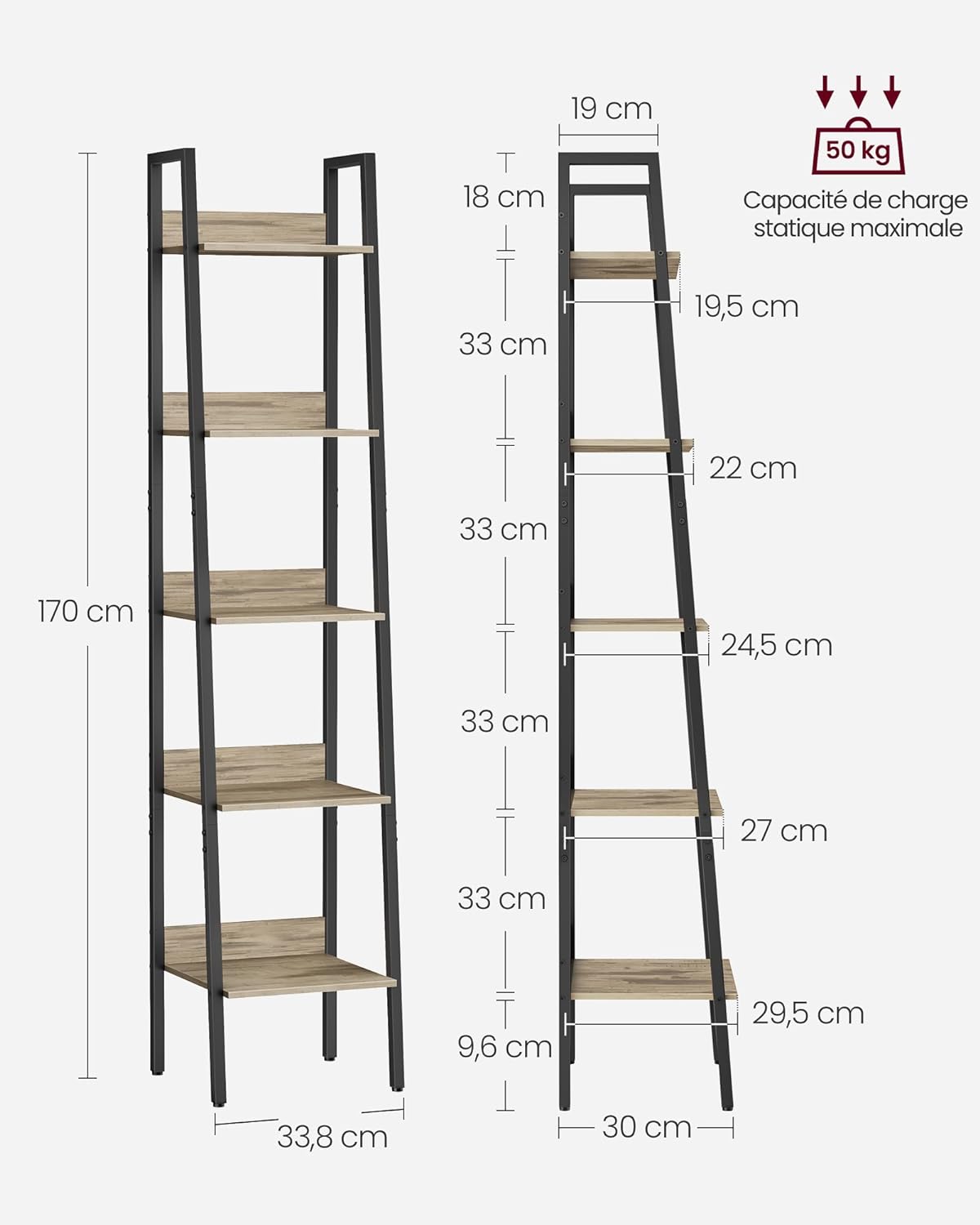 VASAGLE Étagère Échelle, Bibliothèque à 5 Niveaux, Meuble de Rangement sur Pieds, Bureau, Salon, Chambre, Cuisine, Marron Camel et Noir - 5
