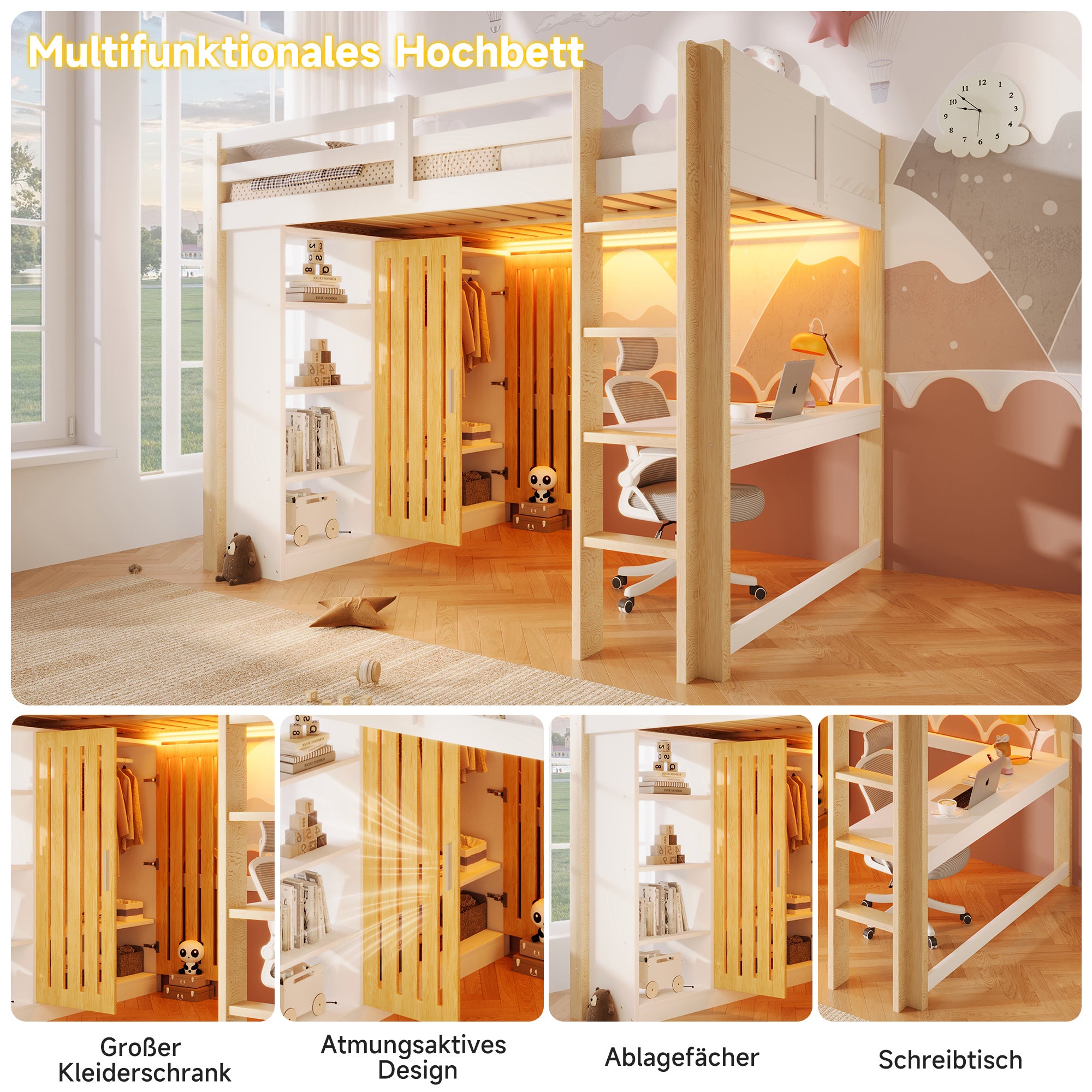 Lit mezzanine 140 x 200 cm avec armoire, étagère et bureau - Pin + MDF + contreplaqué - LEDs - Blanc et naturel (Sans matelas) - 5