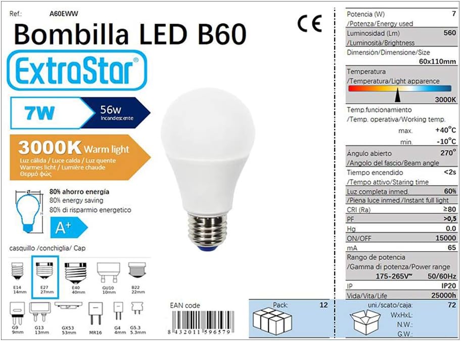 CASA DE CONFORTO | Lâmpada LED tipo bola | Conector tipo E27 | Potência de 7W | Tipo de luz: Quente | Pacote de 12 unidades | - 4