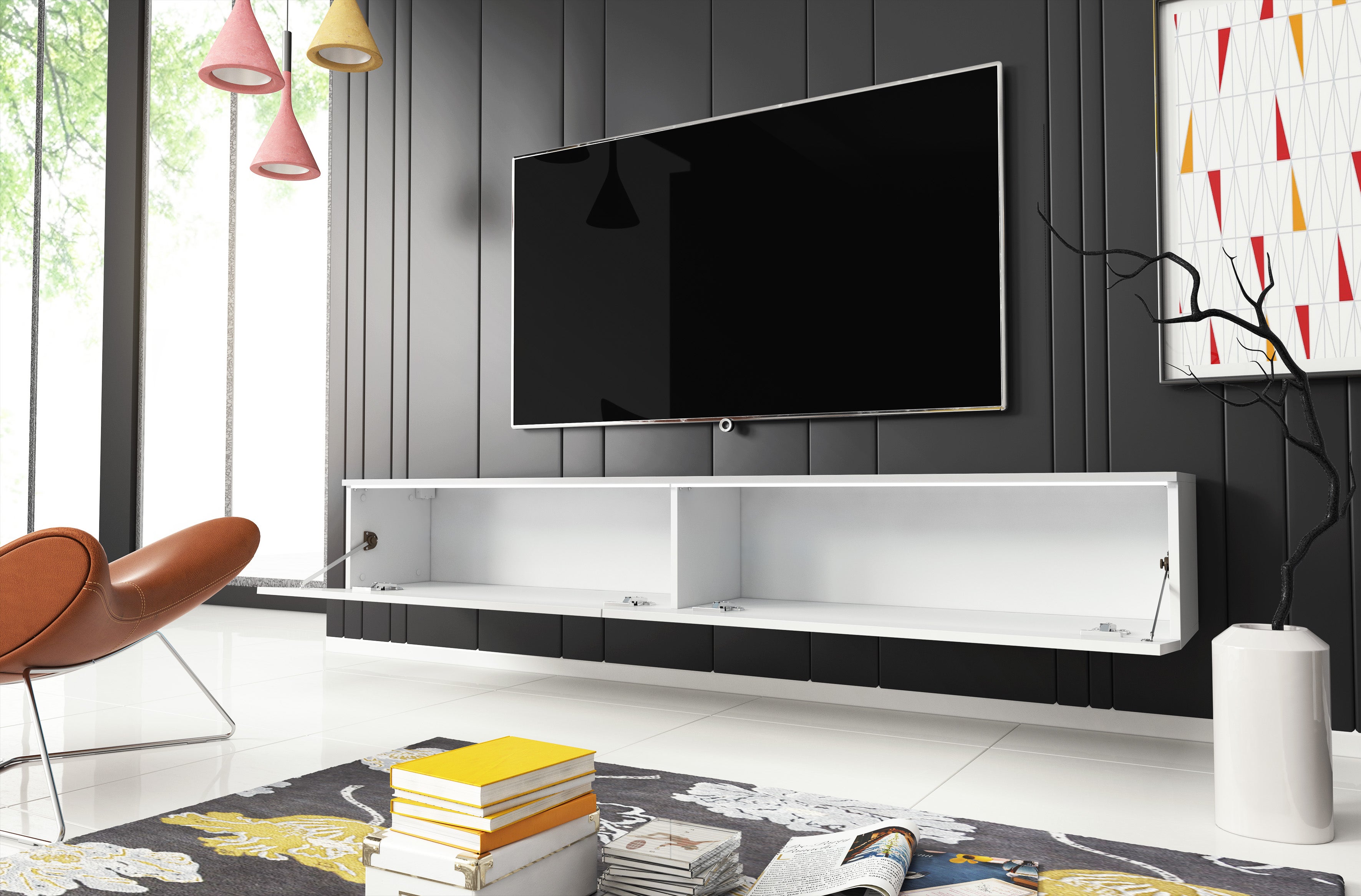 Meuble TV Lowboard D180 Blanc/Blanc brillant, Nombre de portes : 2, 180x30x33 cm - 3