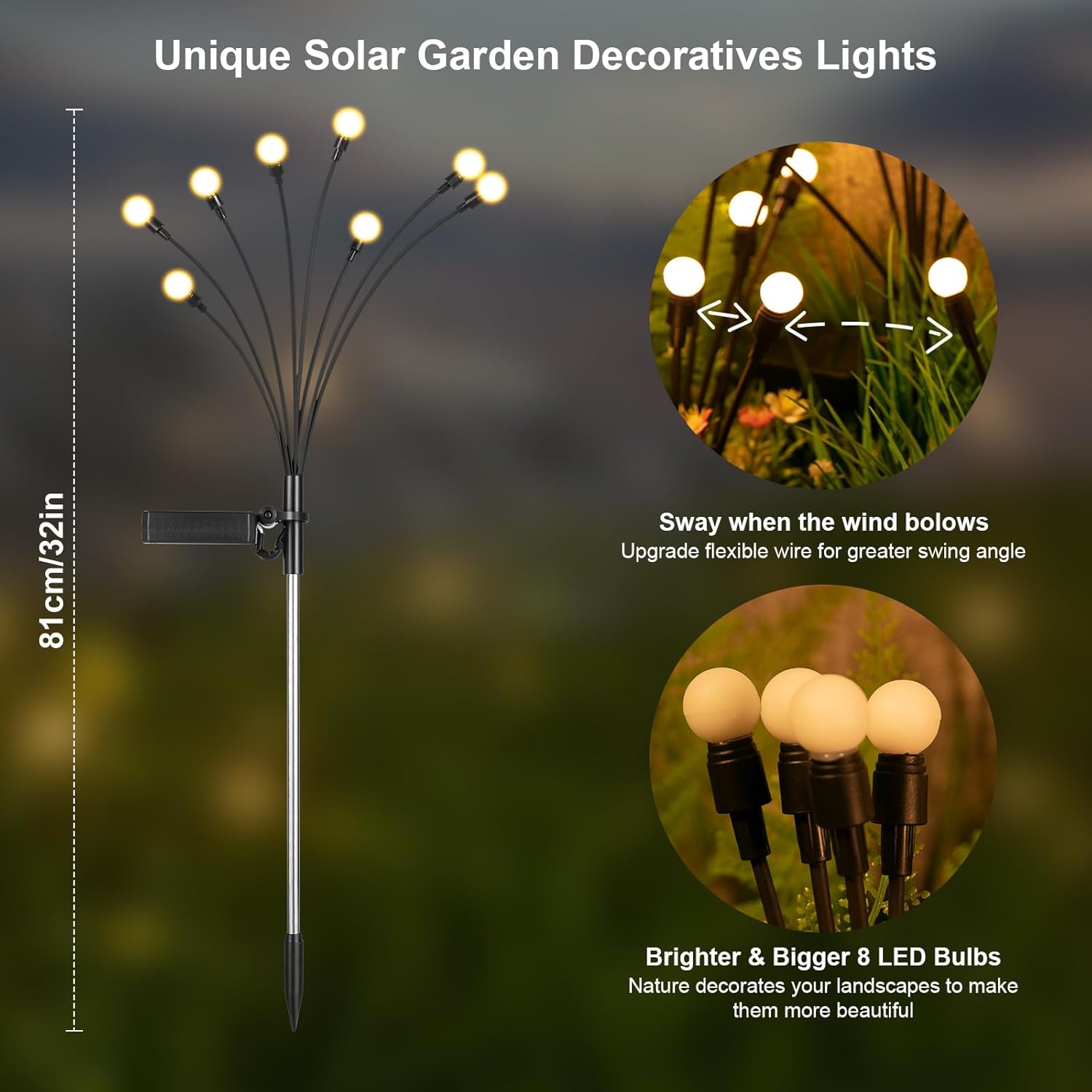 Luzes solares para áreas externas (pacote com 4, 32 LEDs), luzes solares para jardim, luzes de vaga-lume para decoração de pátio, luz quente - 2