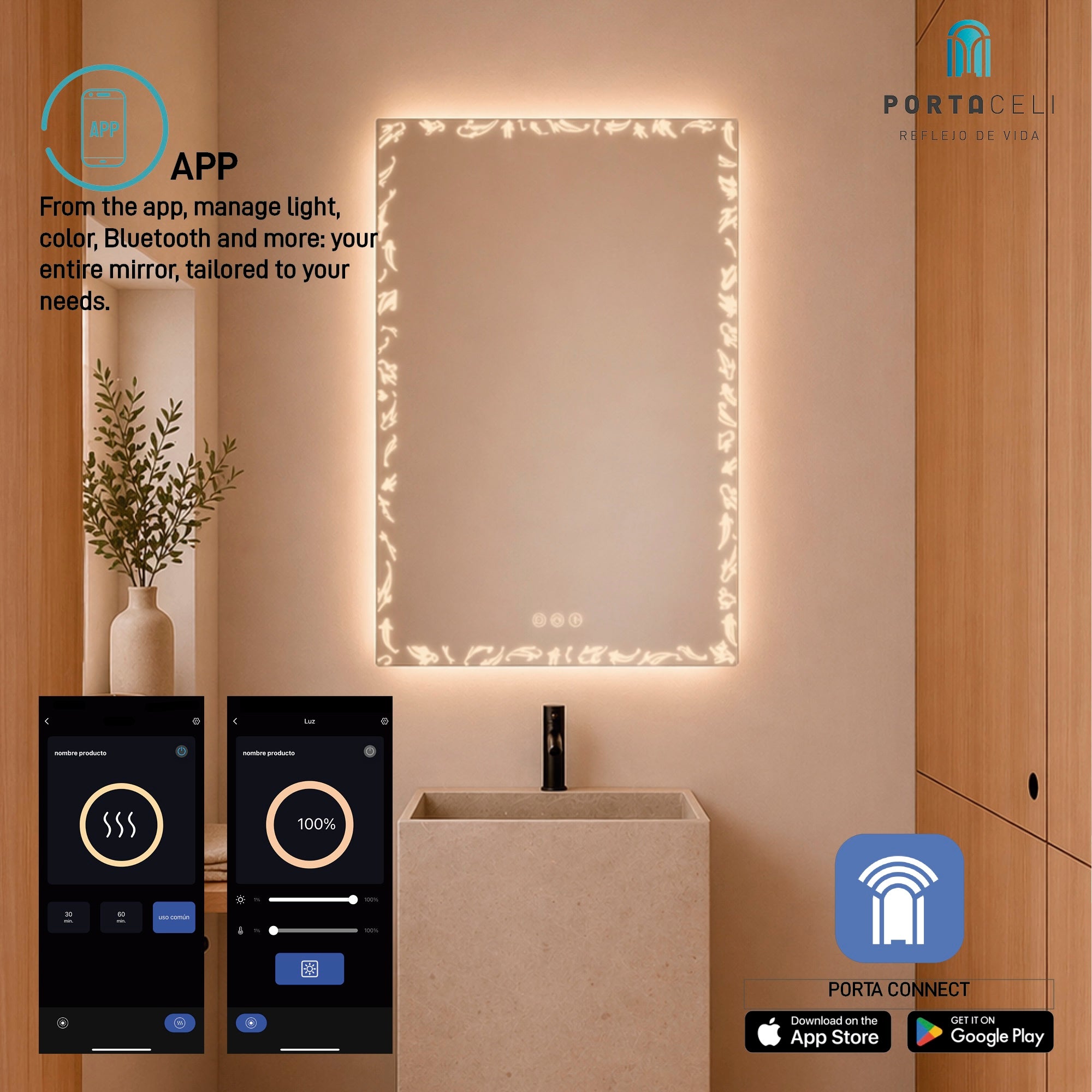 Miroir de salle de bain Koi Connect 80 x 80, APP, Anti-buée et Bluetooth - 4
