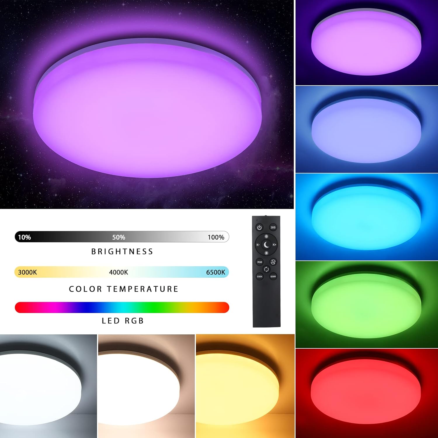 LOVHAUS 24W Plafonnier LED Salle de Bain, RGB 2400LM Luminaire LED Plafond Dimmable avec Télécommande, 3000-6500K LED Lampe avec Veilleuse Réglable - 4
