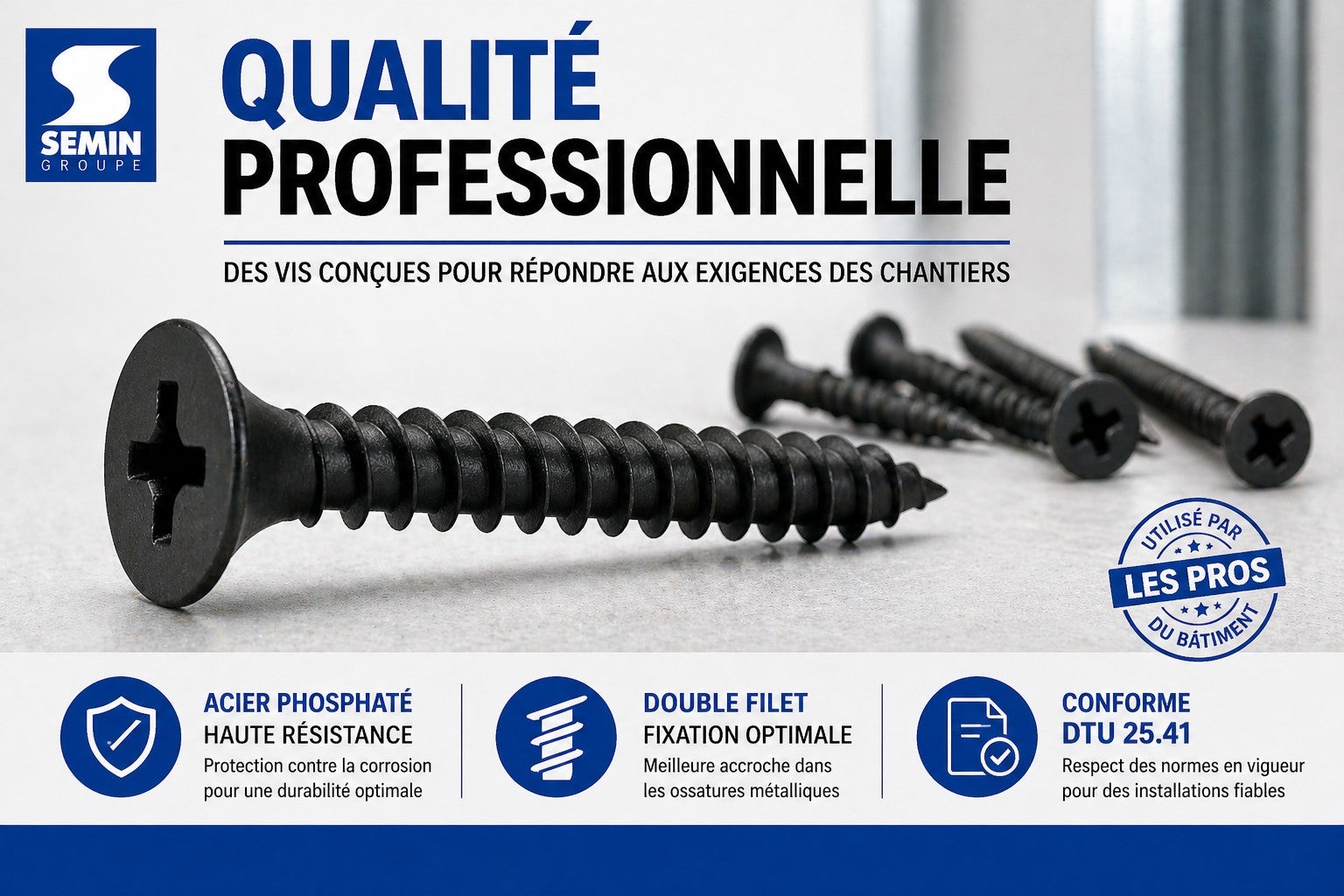 Vis auto perceuse Semin pour la fixation des plaques de plâtre sur l'ossature - intérieur - 25 mm x 3.5 mm - boîte de 1000 pièces - 5