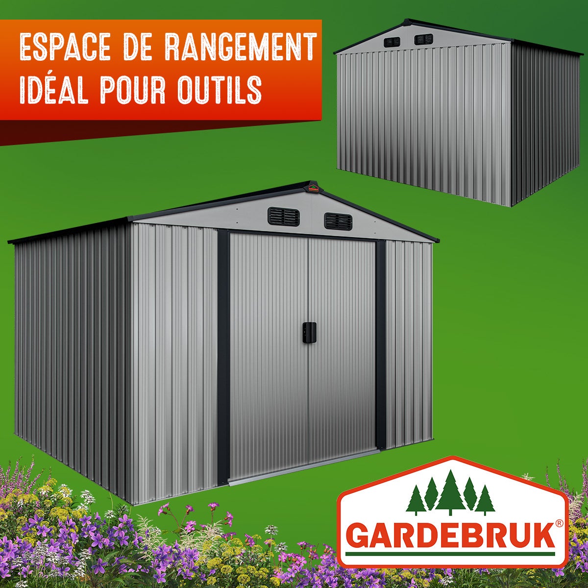 GARDEBRUK® Abri de jardin métal XXL 5m² fondation 260x205x180cm porte coulissante gris-métallique cabane de jardin cabanon de jardin 9m³ - 9