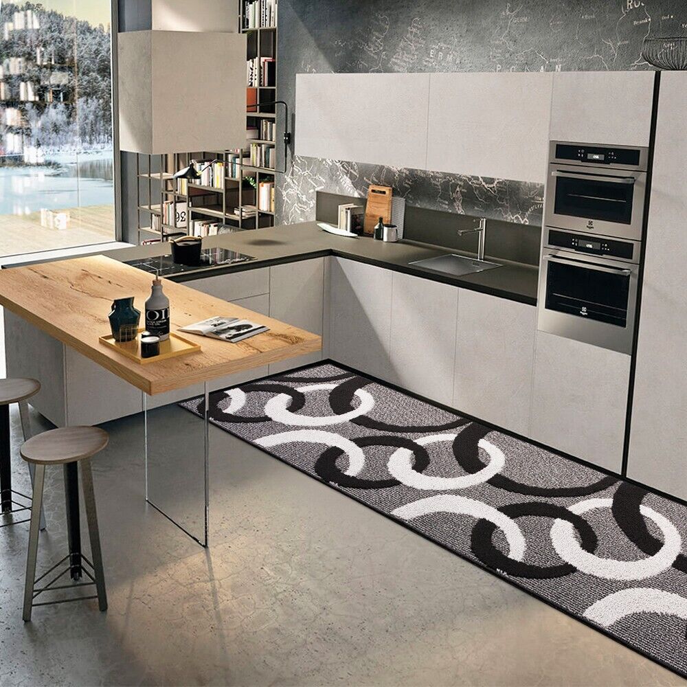 Alfombra De Cocina 57x280 Cm Tridimensional Círculos 3D Absorbente Suave Moderna Antideslizante Negro - 2
