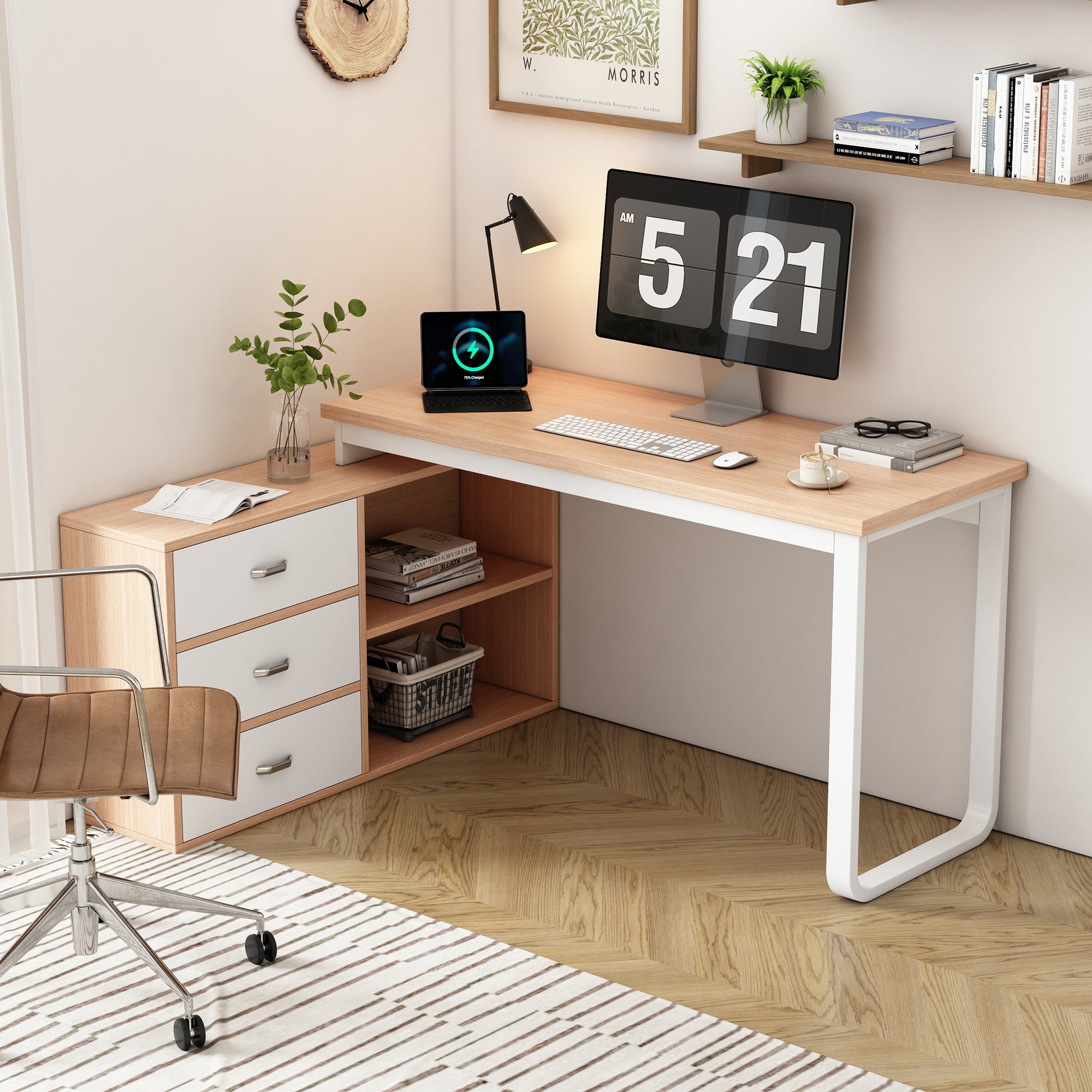 Scrivania Angolare A L Con 3 Cassetti, Ripiani E Prese USB – Marrone 148x100x75 Cm
