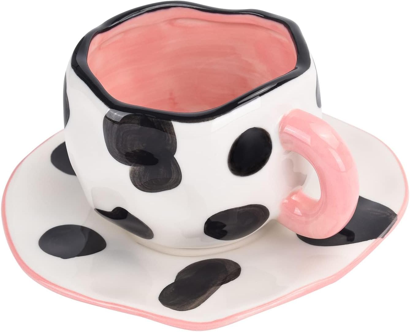 Zestaw ceramicznych filiżanek i spodków zdobi kreatywny wzór kwiatu truskawki. Pojemność wynosi 300 ml.