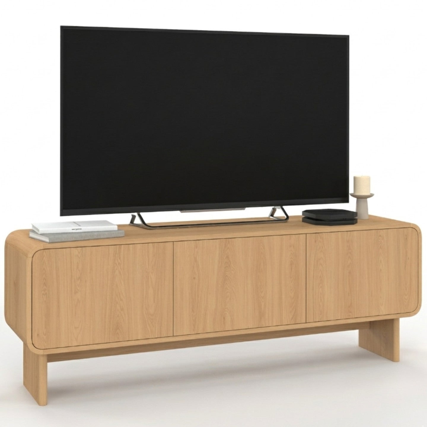 Meuble TV 140 cm CAPUCINE 3 portes façon hêtre design arrondi - 3