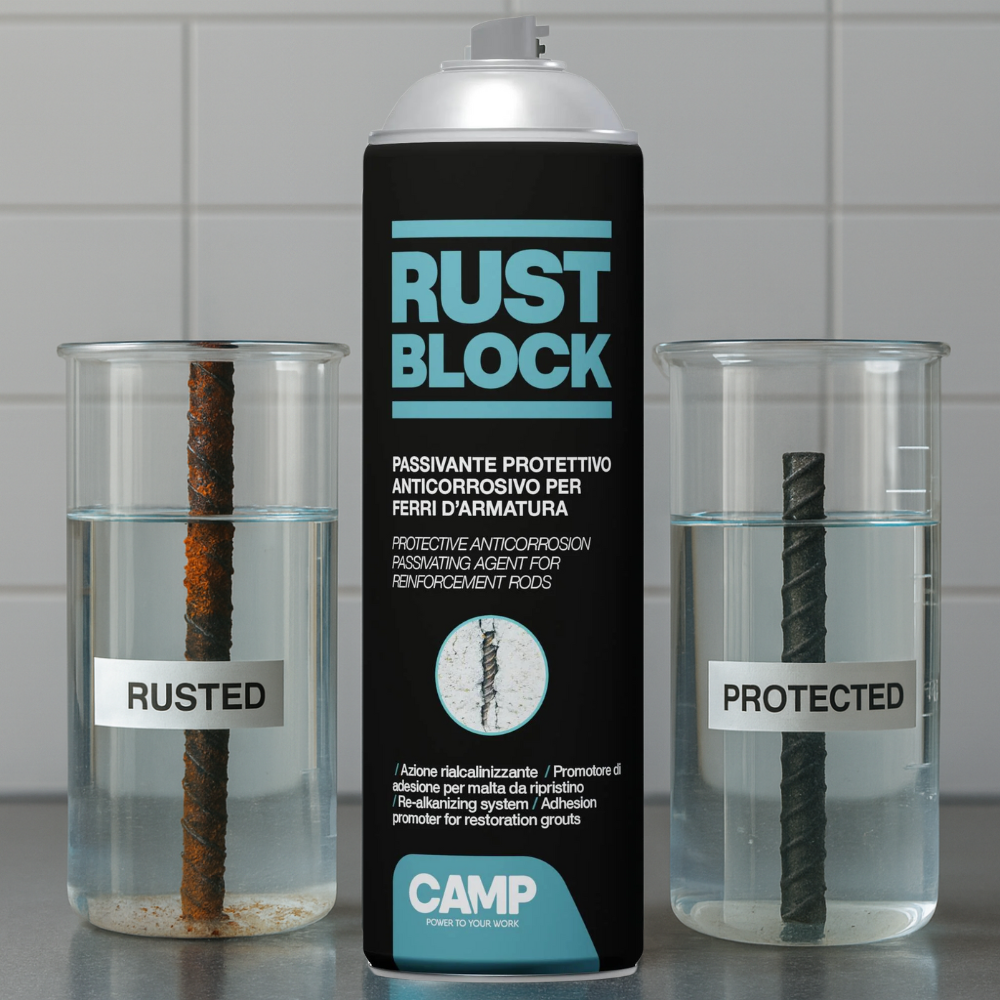 Camp RUST BLOCK PASSIVANTE, Protettivo anticorrosivo per ferri d'armatura, Spray pronto all'uso, Promotore di adesione per malte - 3