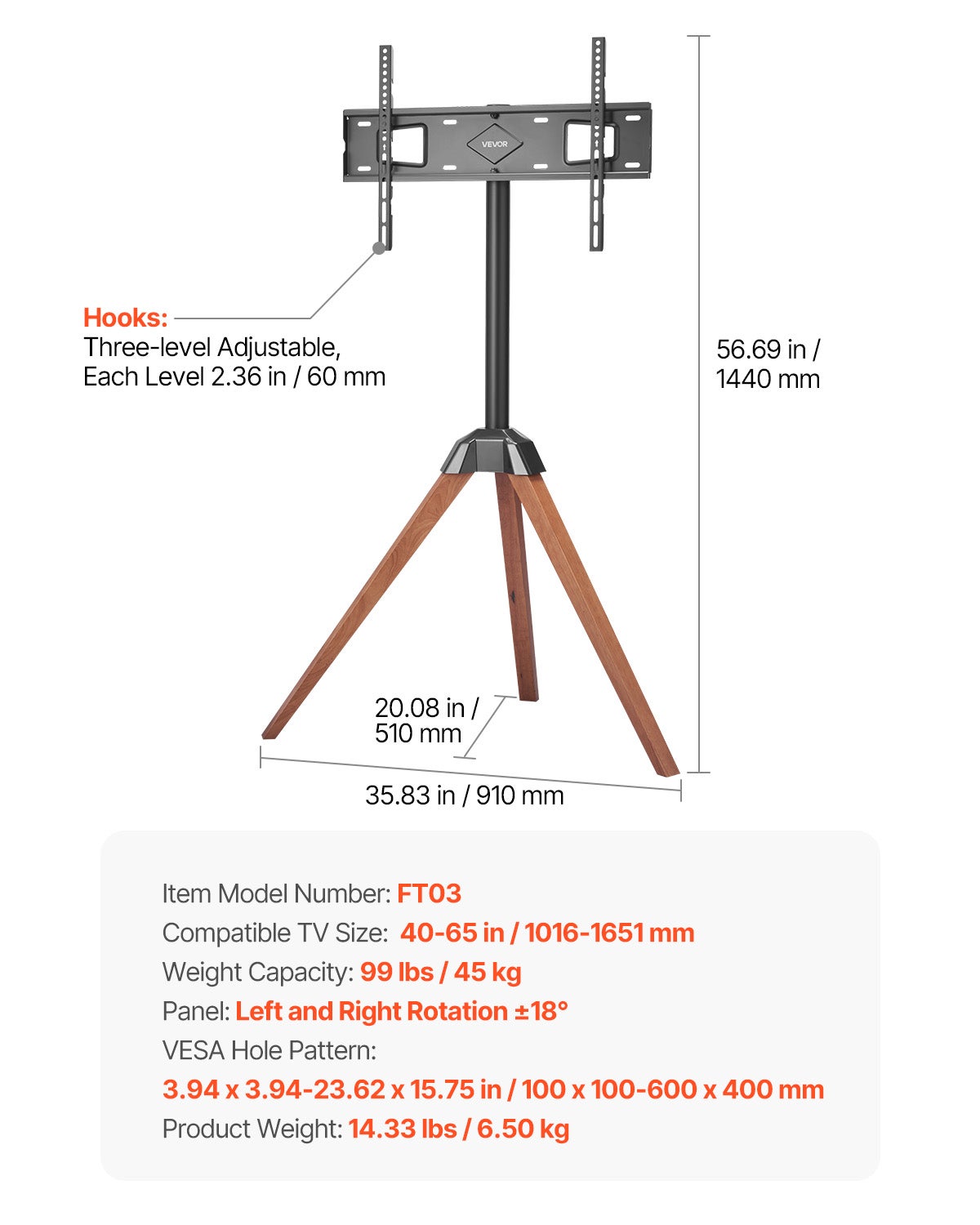 Support TV trépied,VEVOR pour écrans plats/incurvés 40 à 65 pouces,support portable,capacité de charge 45 kg,pour chambre,studio,salon - 7