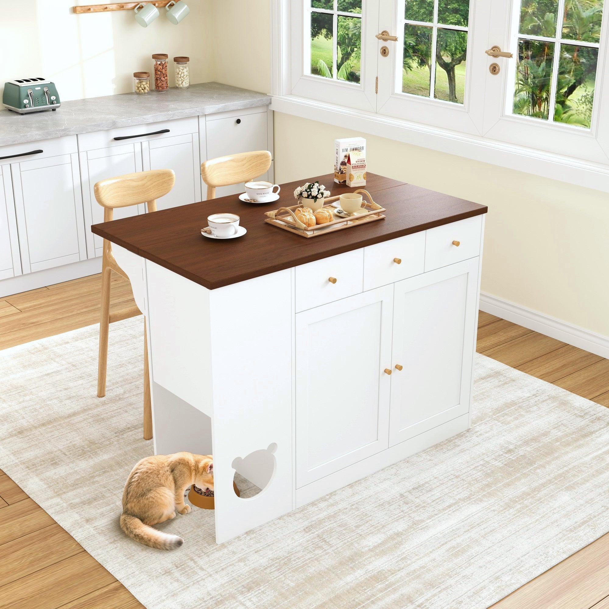 Rozkładana wyspa kuchenna 120x70x90 cm - z miejscem dla zwierząt - 3 szuflady i 2 drzwi - kolor biały + kolor naturalny