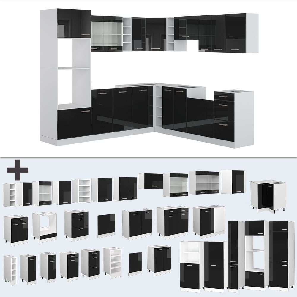Vicco Cuisine en angle R-Line, Noir Haute brillance/Blanc, 247 x 237 cm, PT Chêne - 8