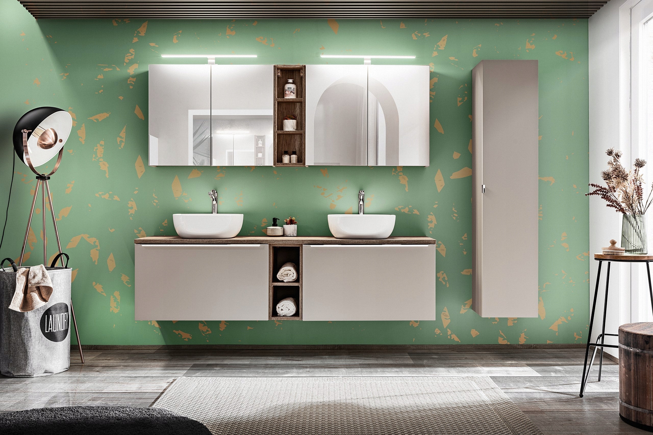 Szafka łazienkowa SANTA FE 120 cm taupe z blatem dąb Santa Fe i umywalkami - 5