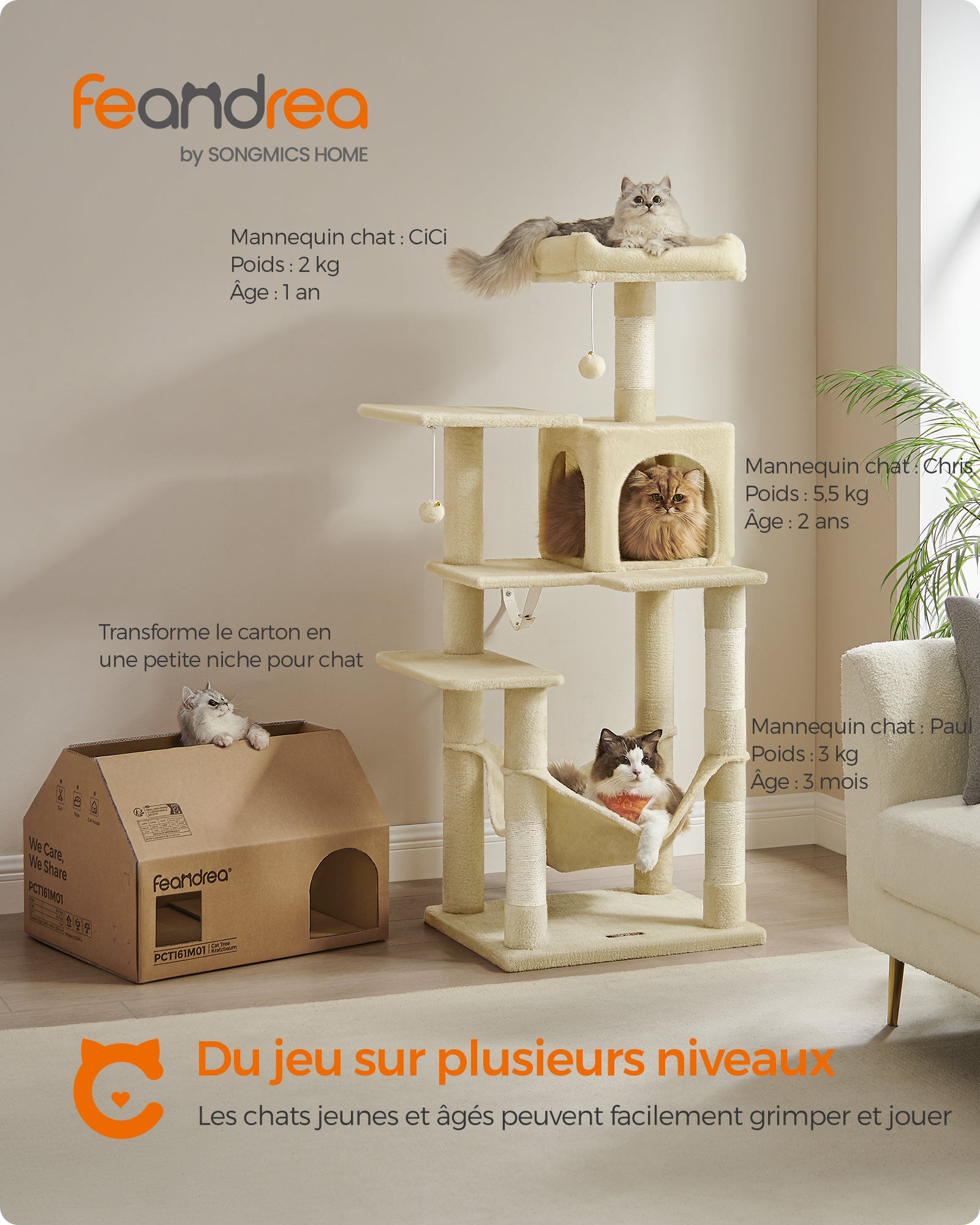 Arbre à Chat Hauteur 143 cm, avec 4 Poteaux à Griffer, 2 Plateformes, 1 Niche, 1 Hamac, 2 Pompons, en Tissu Peluche, Multi-niveaux, Beige - 2