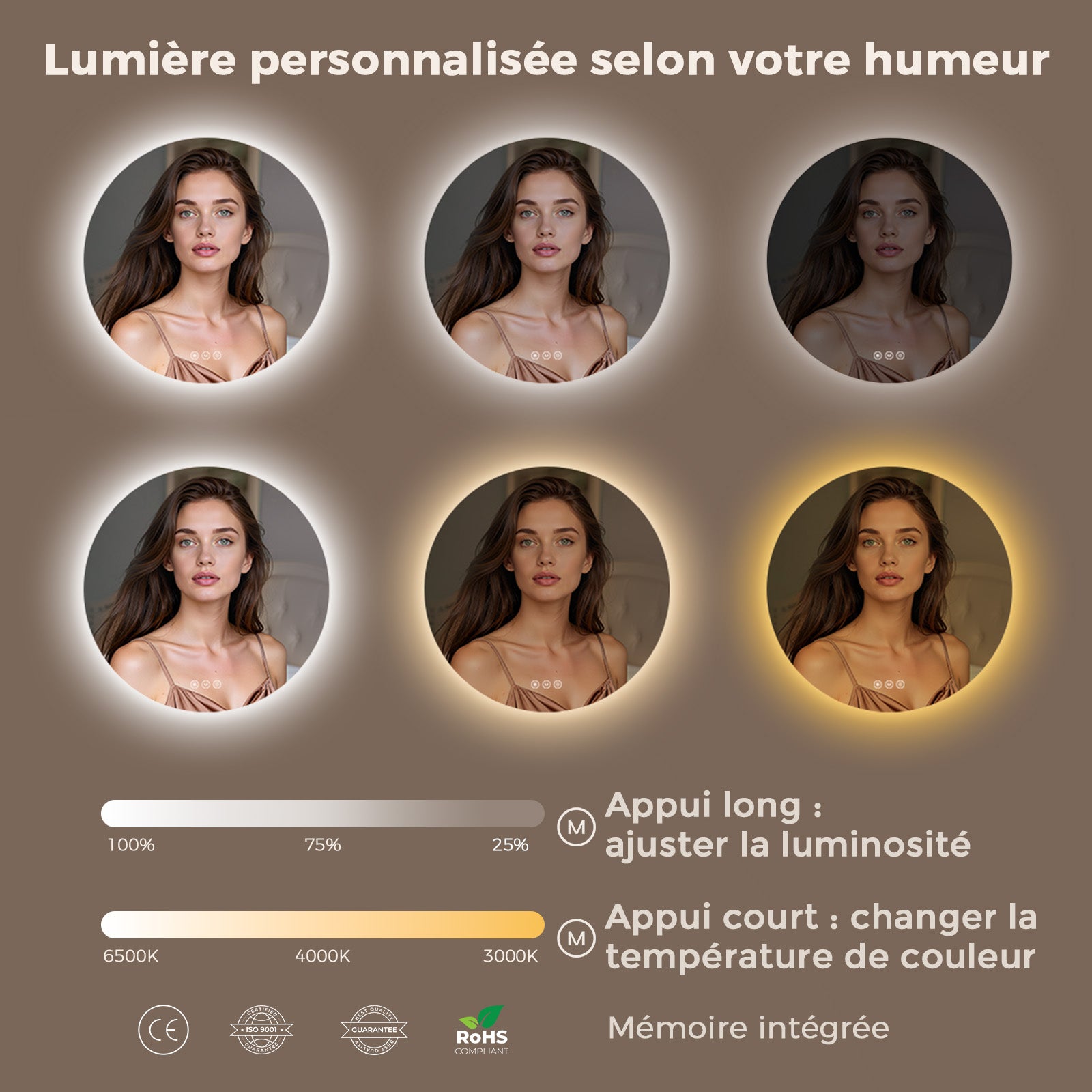 Miroir salle de bain lumineux rond 50 cm, miroir LED avec éclairage antibuée, variateur tactile, 3 couleurs, mémoire - 2