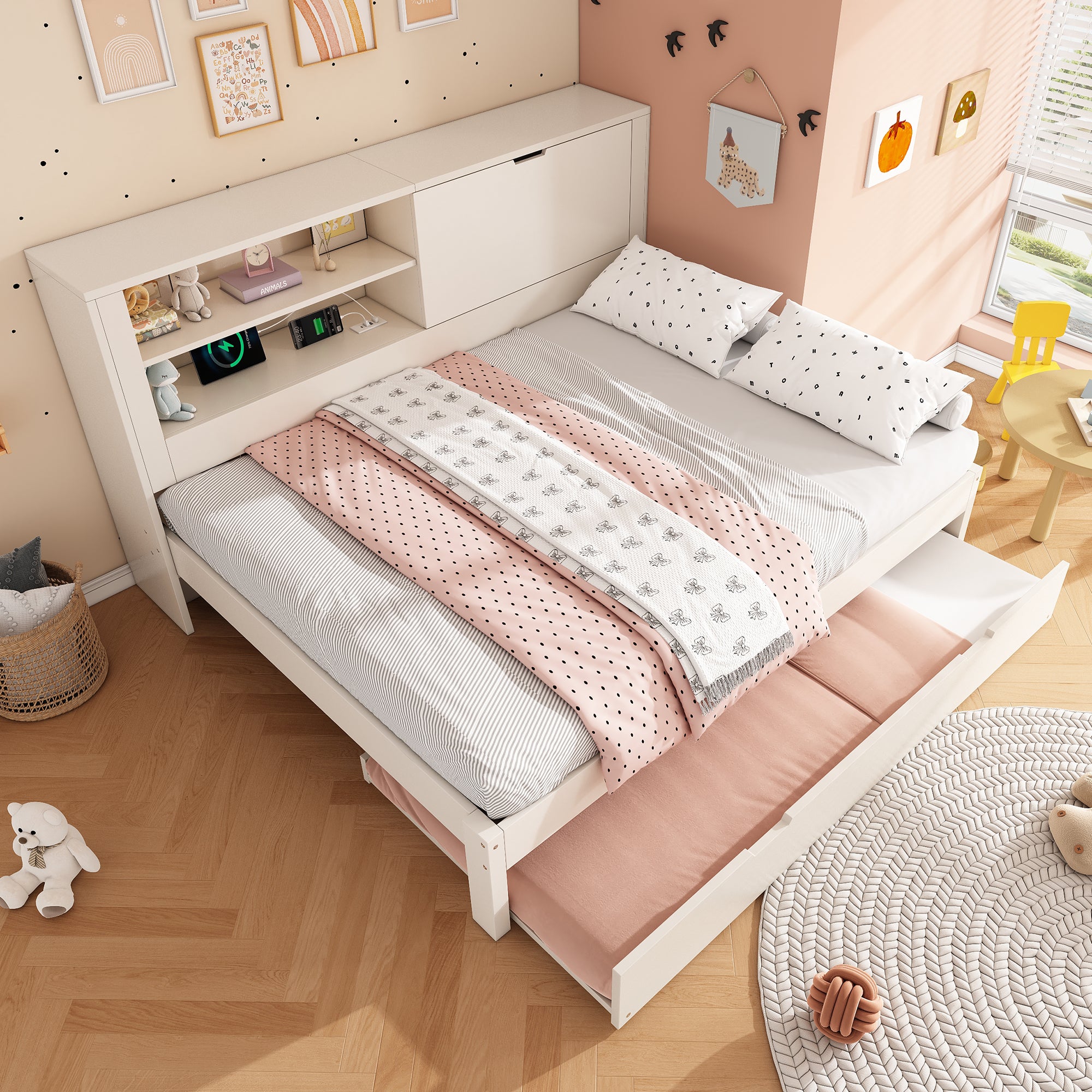Łóżko wysuwane 140 x 190 cm + 90 x 190 cm z 1 drzwiami i 2 półkami - MDF + sklejka + PB - porty USB/Typ-C - białe (materac nie jest dołączony)