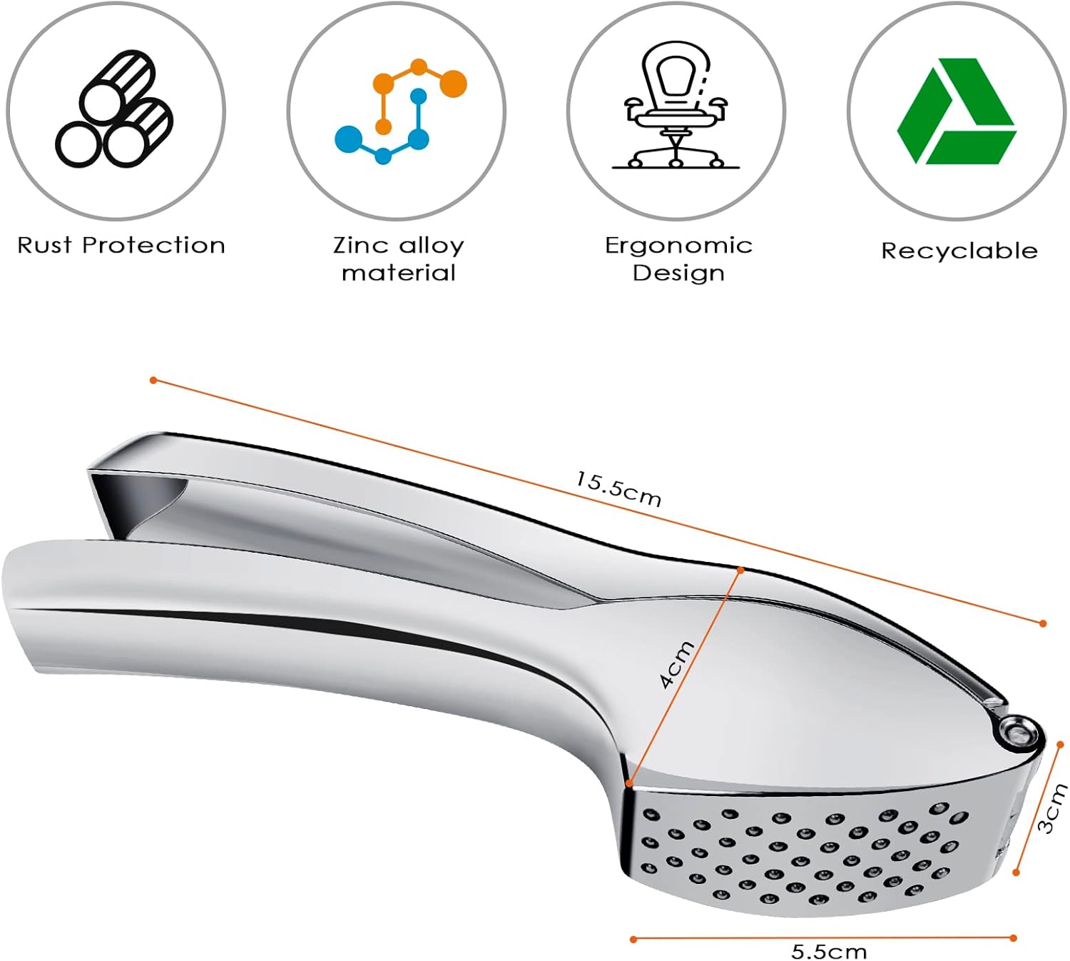 ZMREN Presse Ail Manuel En Acier Inoxydable 304 - Garlic Press Avec Grip Étendu - Écrase Ail Et Gingembre Cadeau Cuisine Pratique Ergonomique
