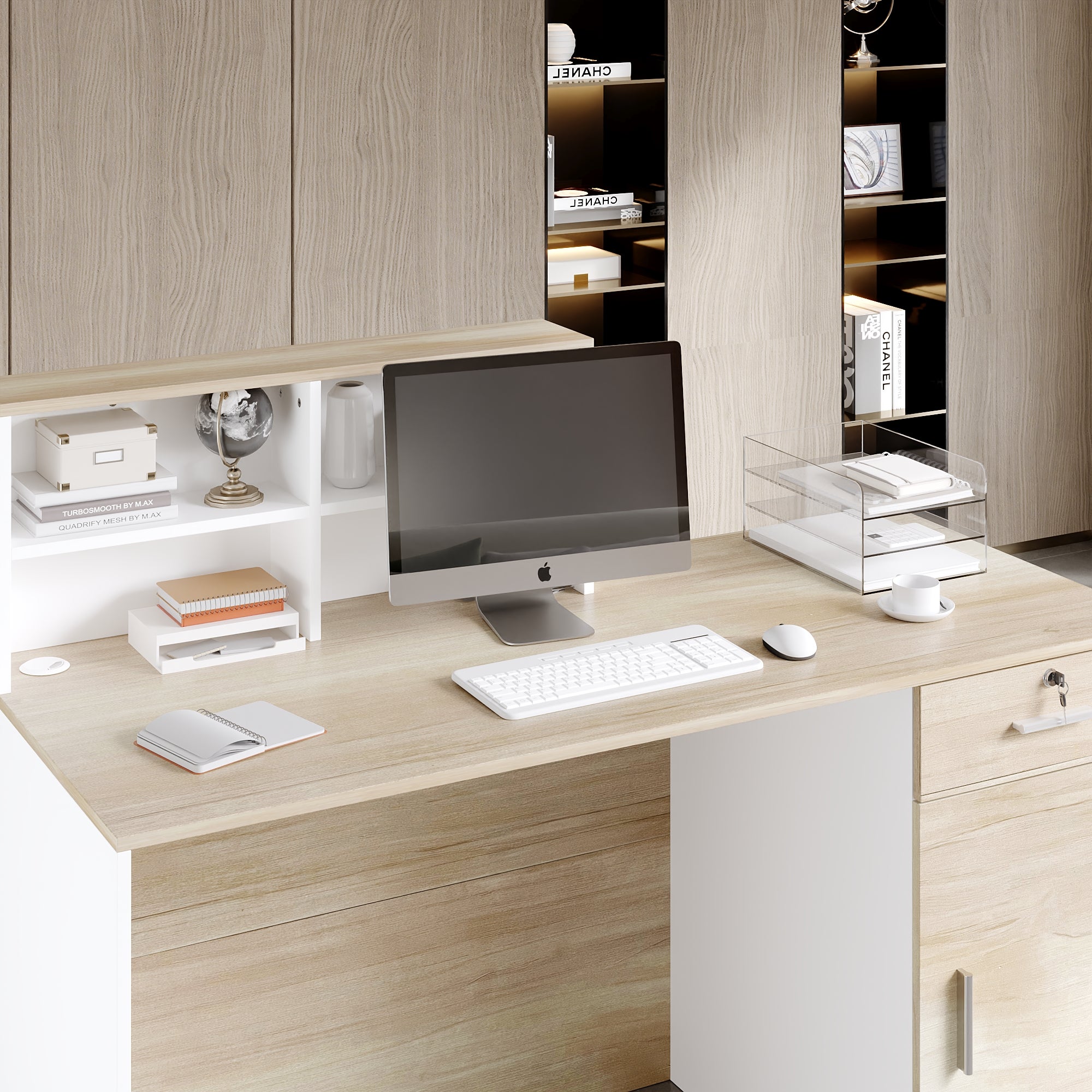 Comptoir de réception avec compartiments ouverts Tiroir verrouillable étagères Salon Bureau Bois&Blanc 140x60x110cm - 4