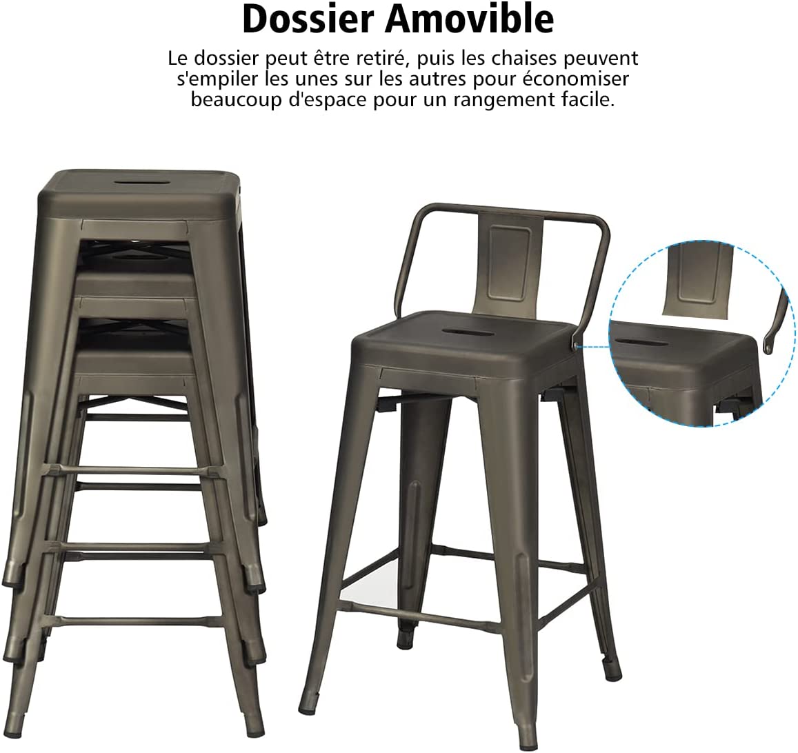 Set di 4 Sgabelli da Bar da 79 cm, Impilabile Sedie da Cucina Alto, in Metallo, con Schienale Rimovibile, Poggiapiedi, Design Industriale (Bro - 3