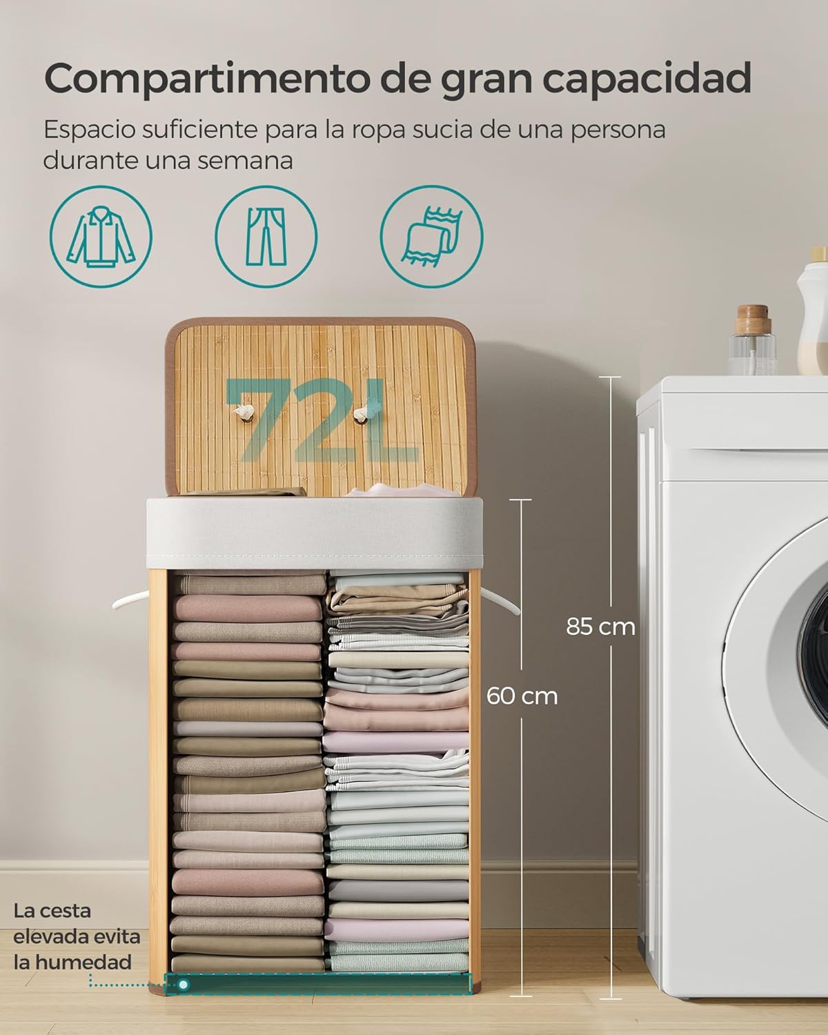 Cesto de la Ropa Sucia con Tapa, 72 L, Cesto de Lavandería de Bambú, Plegable, con Bolsa Lavable Extraíble, Asas, para Lavandería, Dormitorio, Natural - 8
