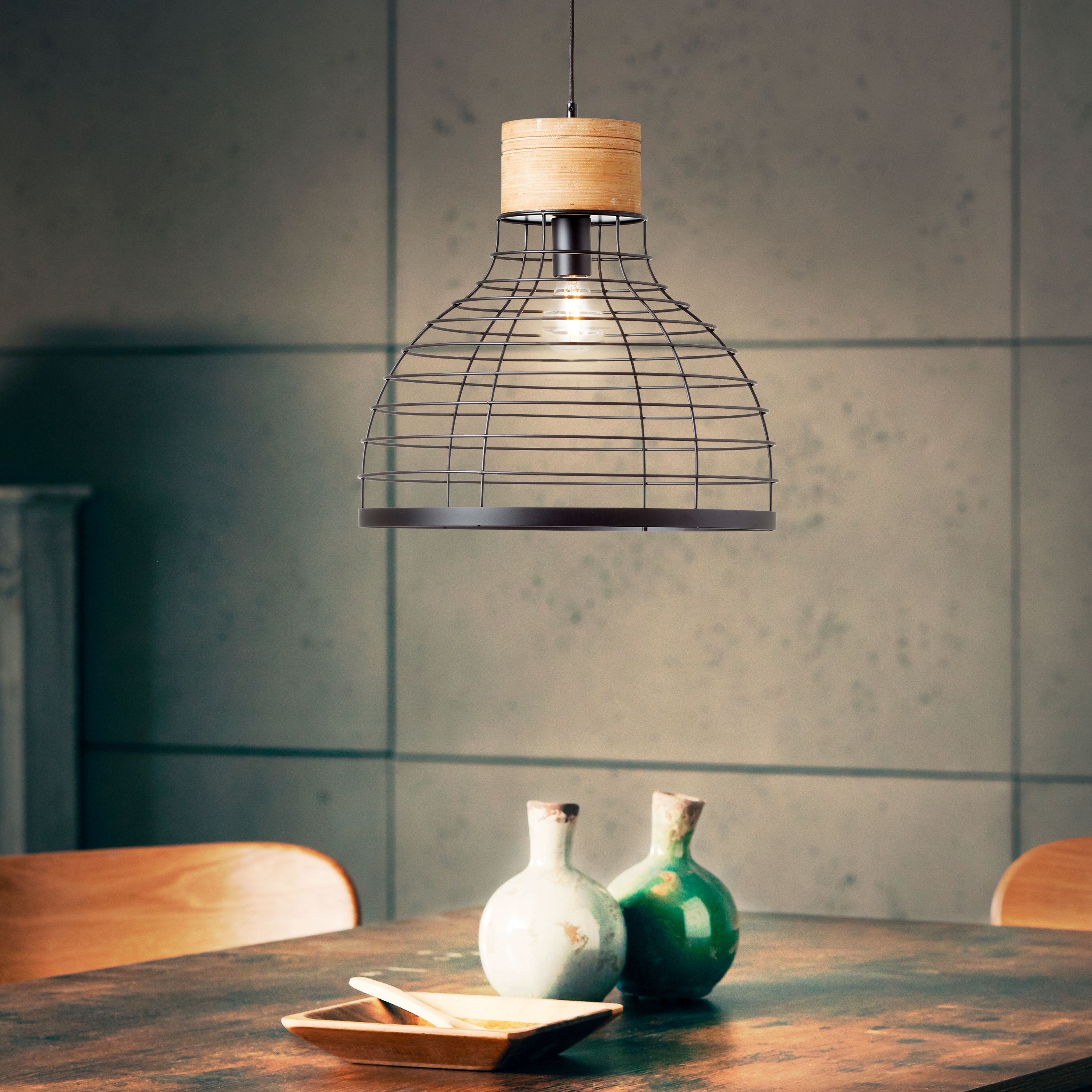 Brilliant Avia lampa wisząca 47cm czarny/drewno, metal/drewno, 1x A60, E27, 52W - 2