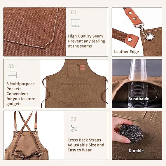 Tabliers barbecue pour hommes, tablier de travail pratique, tablier de travail avec poches avec bretelles réglables pour coiffeur, cuisine, jardinier - 3