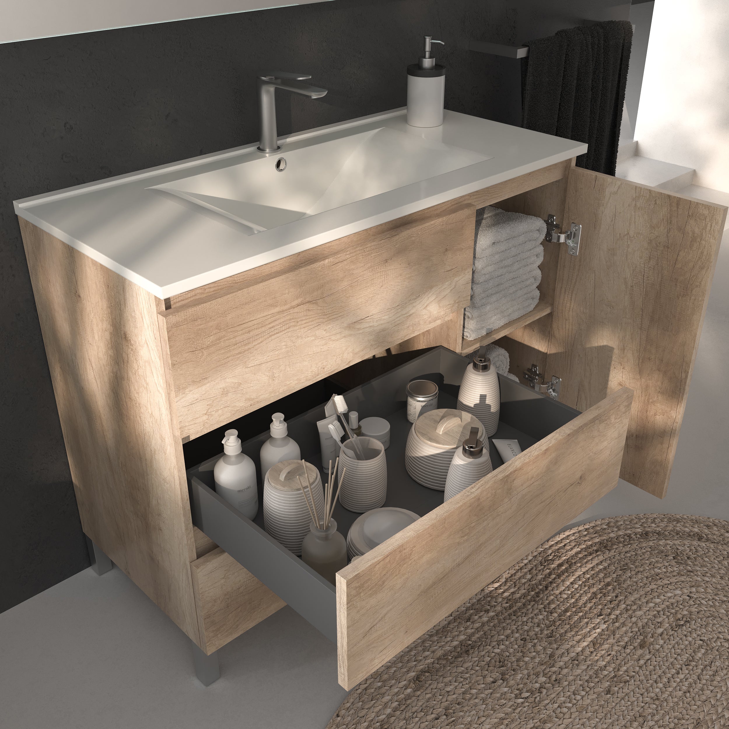 Ensemble armoire et plan de travail Alessandria en 80 cm, finition chêne guadarrama, avec poignée directionnelle. - 4