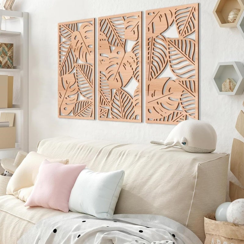 3 Pièces Sculpture Murale en Bois Naturel - Décor Mural Tropical Feuille de Monstera Style Boho Chic - Art Mural Moderne & Léger pour Salon, Chambre - 6