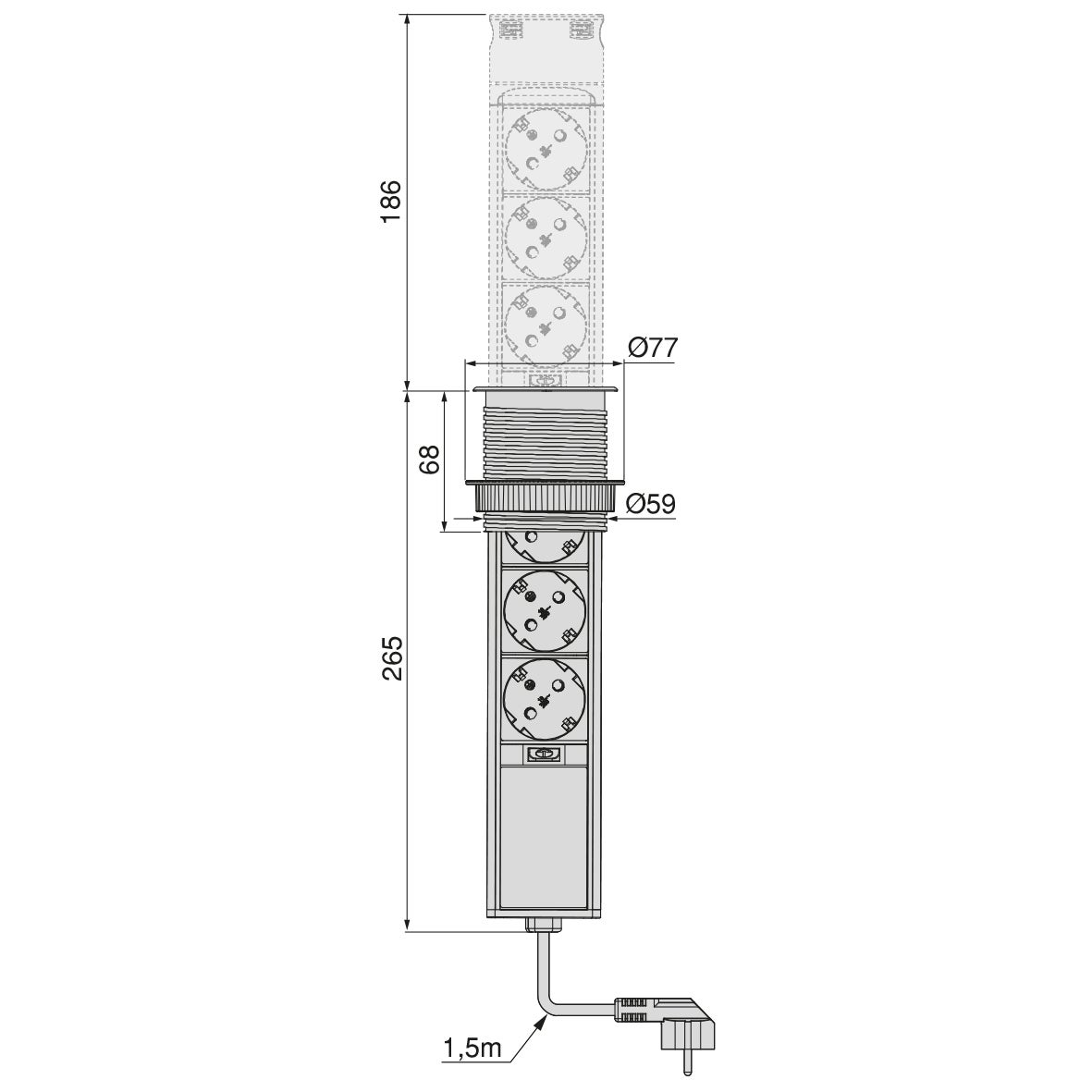 Emuca Multiconector Vertikal Push 60 amovível, diâmetro 60 mm, 3 fichas Schuko, 1 USB tipo A, 1 USB tipo C, Aço e plástico, Aço inoxidável - 4