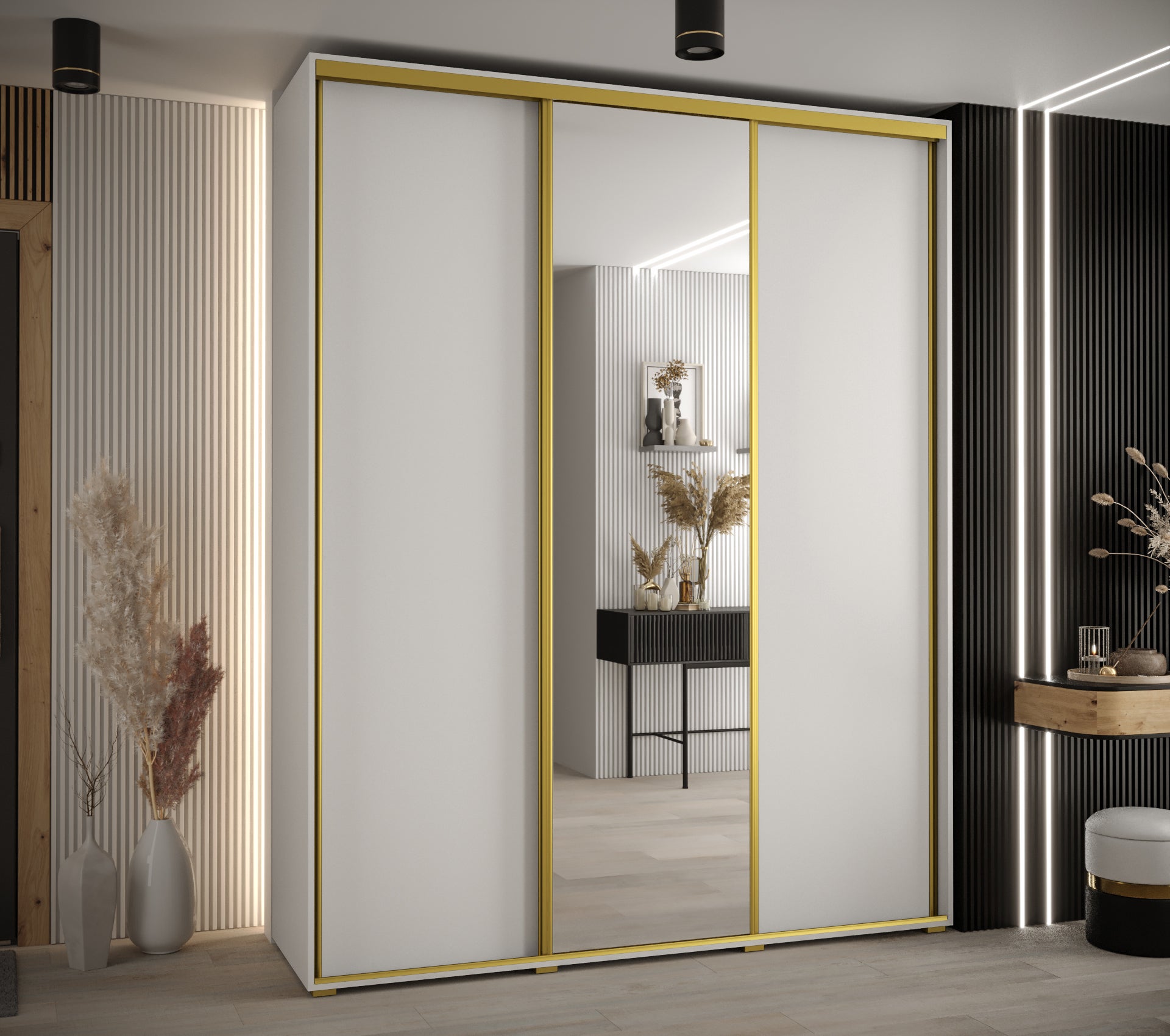 Szafa przesuwna z lustrem wysoka Davos 3 200 x 45 x 235,2 cm biały + biały + u. złoty - Abiks Meble - 2