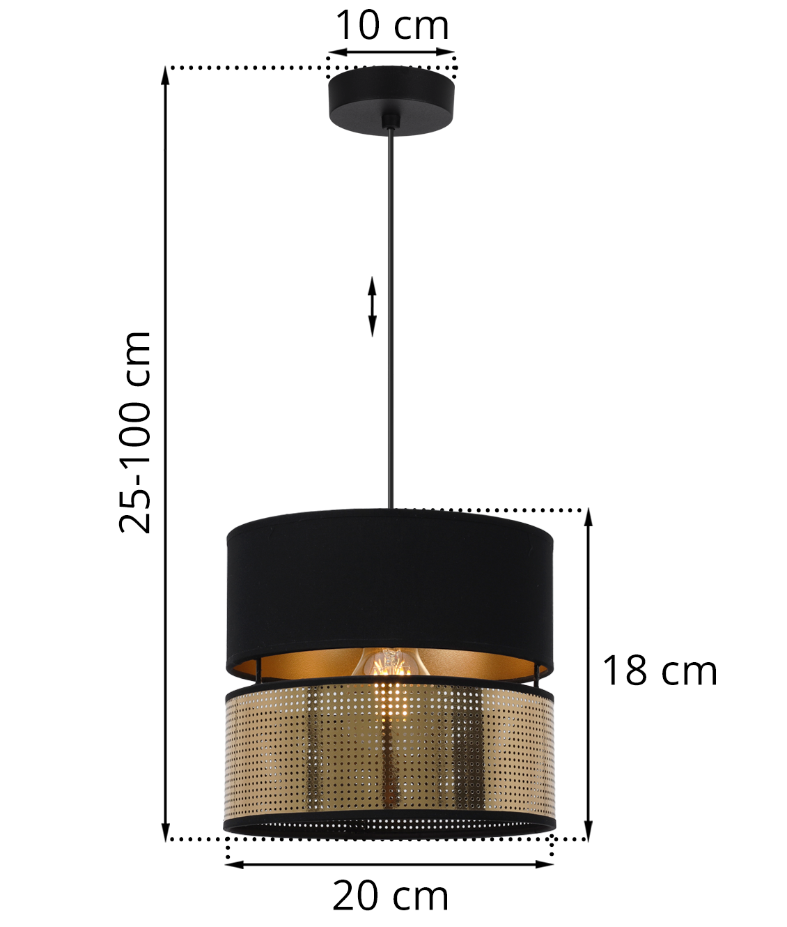 Lampa sufitowa wisząca Asti Duo czarna glamour 1xE27 abażur okrągły tuba 20cm czarny/złoty Light Home LH - 6