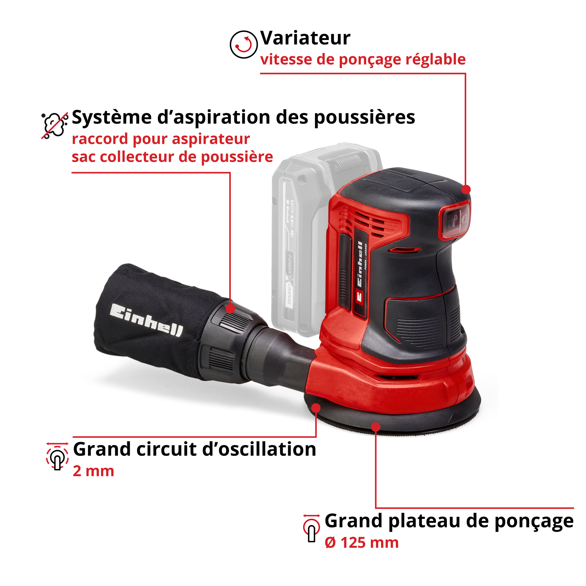 Einhell Ponceuse excentrique sans fil TE-RS 18 Li - Solo PXC (18V, avec 1 abrasif) Livré sans Batterie ni Chargeur - 2