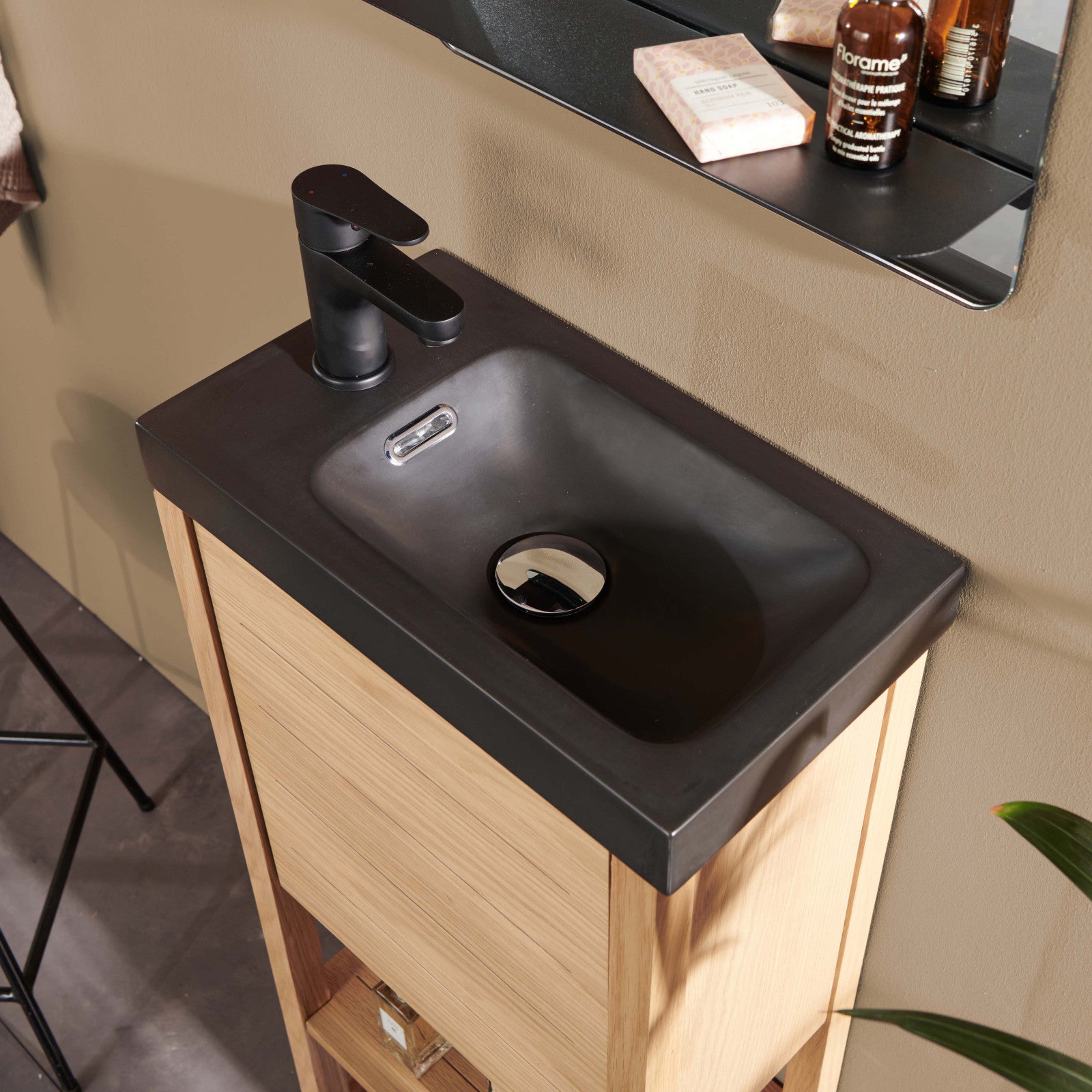 Meuble lave-mains ATOLL avec vasque noire + miroir - 5