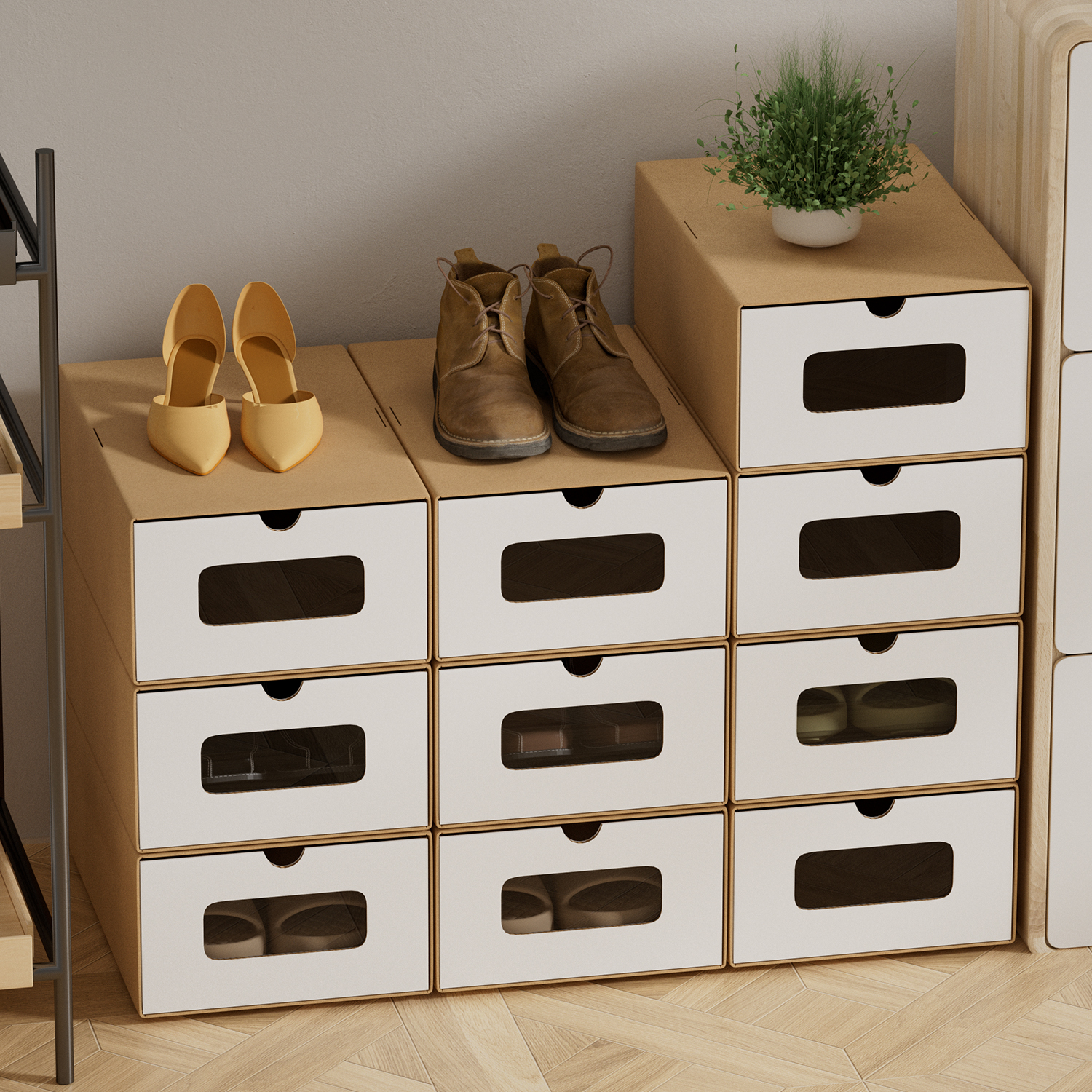 Boîte à chaussures - Lot de 10 - Papier kraft - avec tiroir - 35 cm x 23 cm x 13 cm - Empilable Étagère de Rangement Marron/blanc - 9