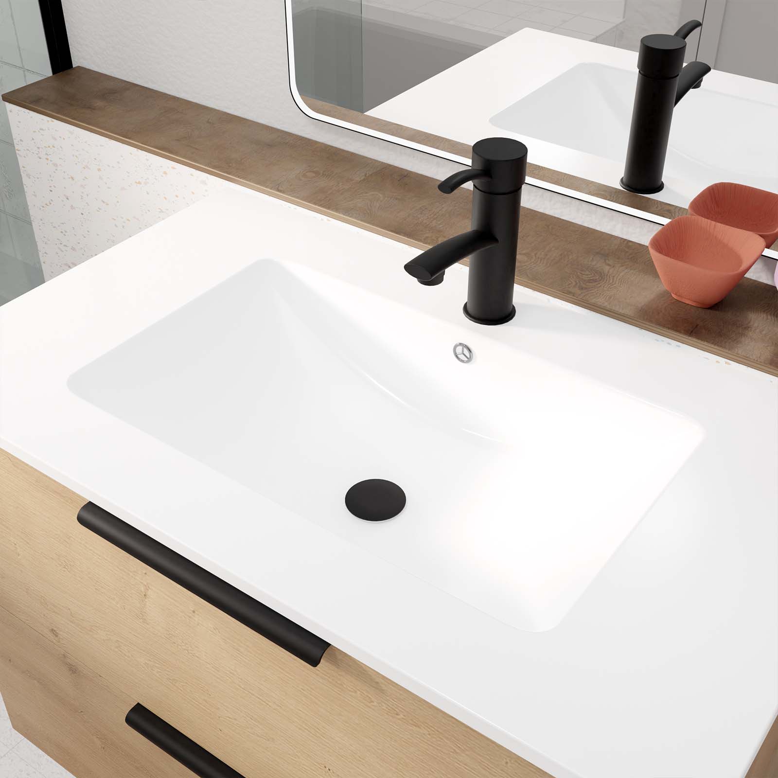 Meuble de Salle de Bains 60cm Suspendu Decor Bois Clair 2 Tiroirs - Vasque Blanche - ELEMENTARY - 6