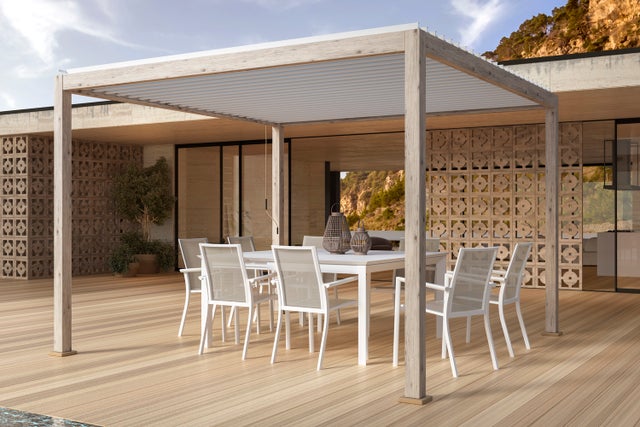 Gazebo pergola OCEAN 3.6x3.6 rustic-bianco bioclimatica con struttura in alluminio, tetto lamellare orientabile, da giardino e veranda