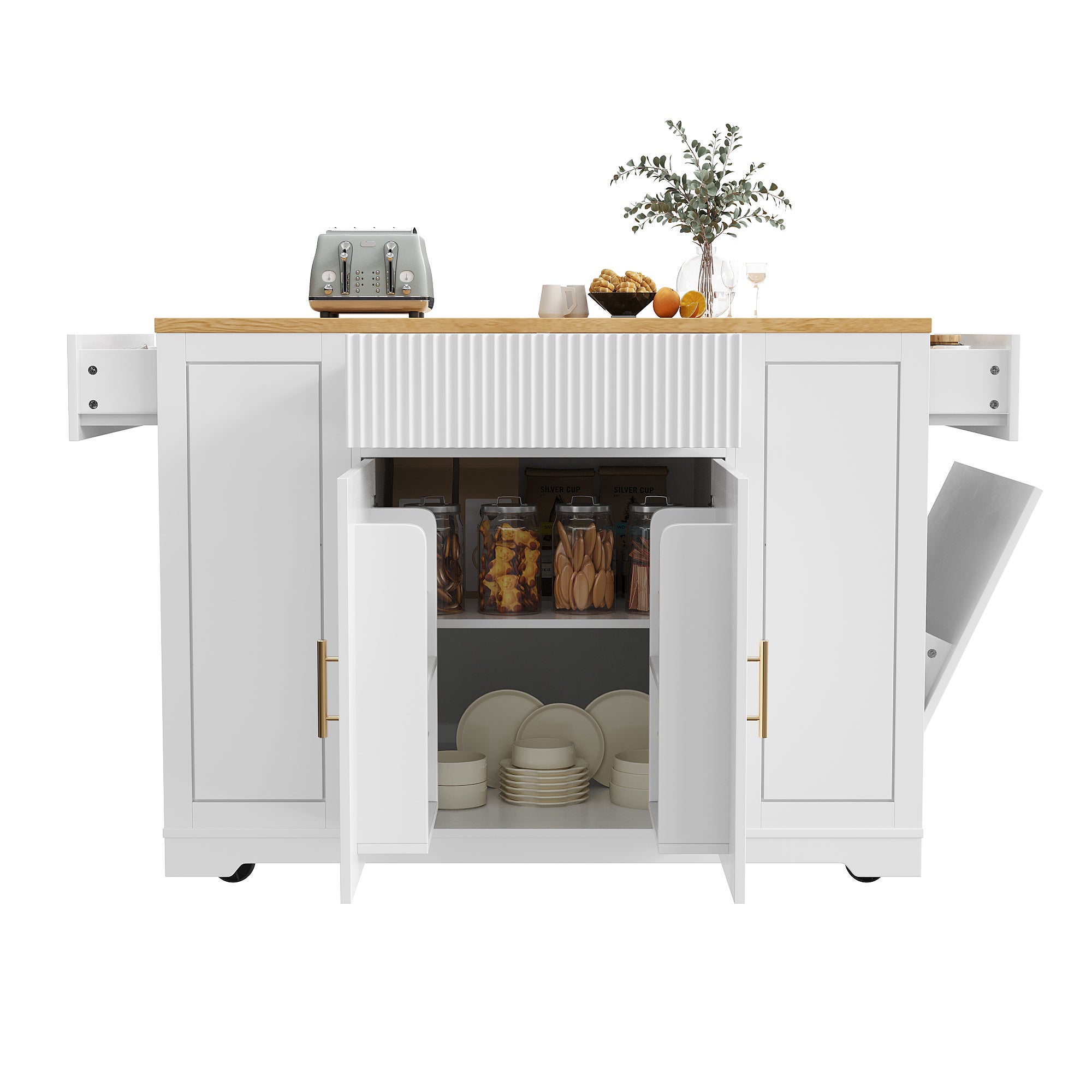 Ilot central de cuisine mobile - 3 portes et 2 tiroirs - étagères ouvertes - avec compartiment poubelle - MDF - Blanc - 5