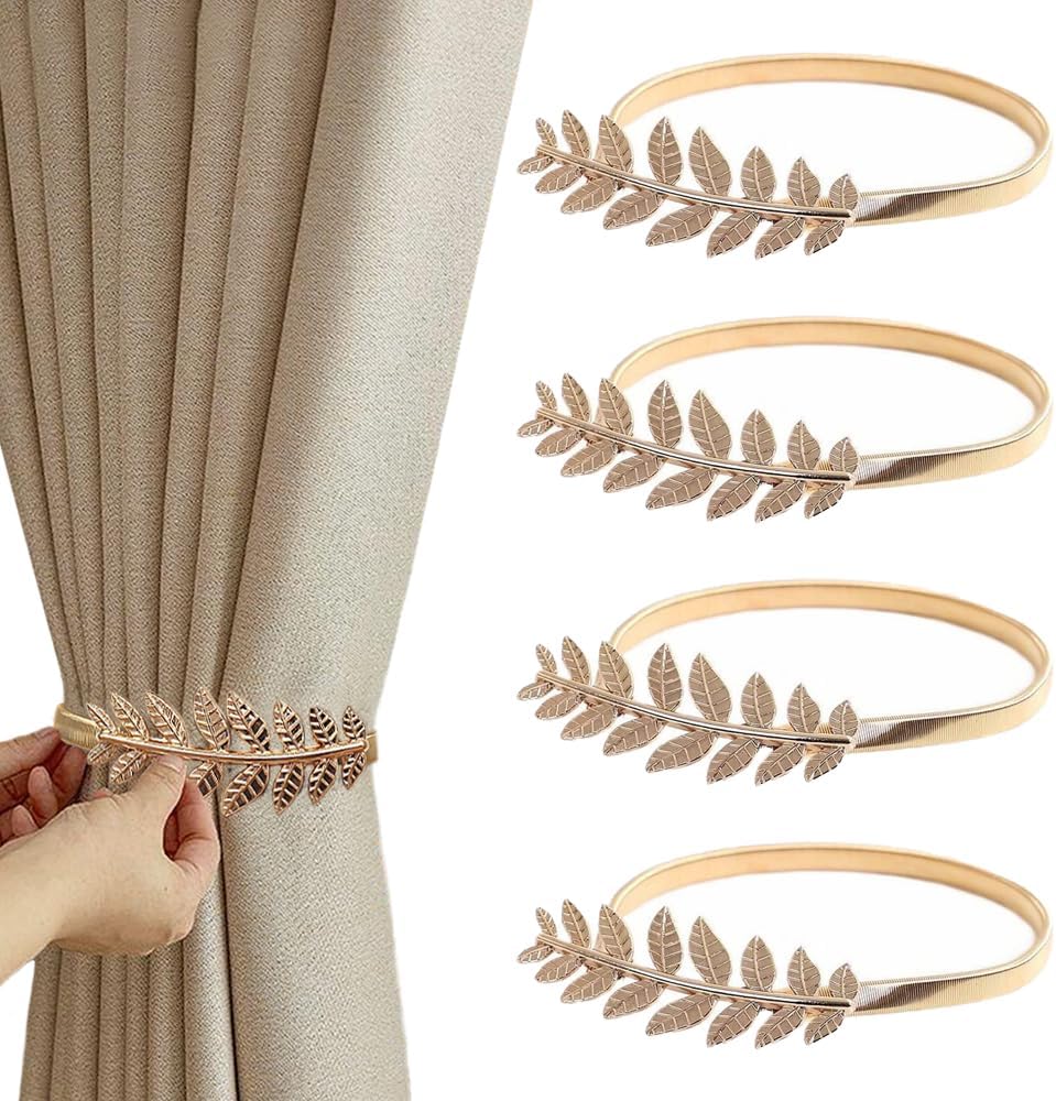 Paquete de 4 alzapaños ajustables de aleación para cortinas, soportes, pinzas y cordones para decoración de ventanas, hogar, oficina y hotel (hoja