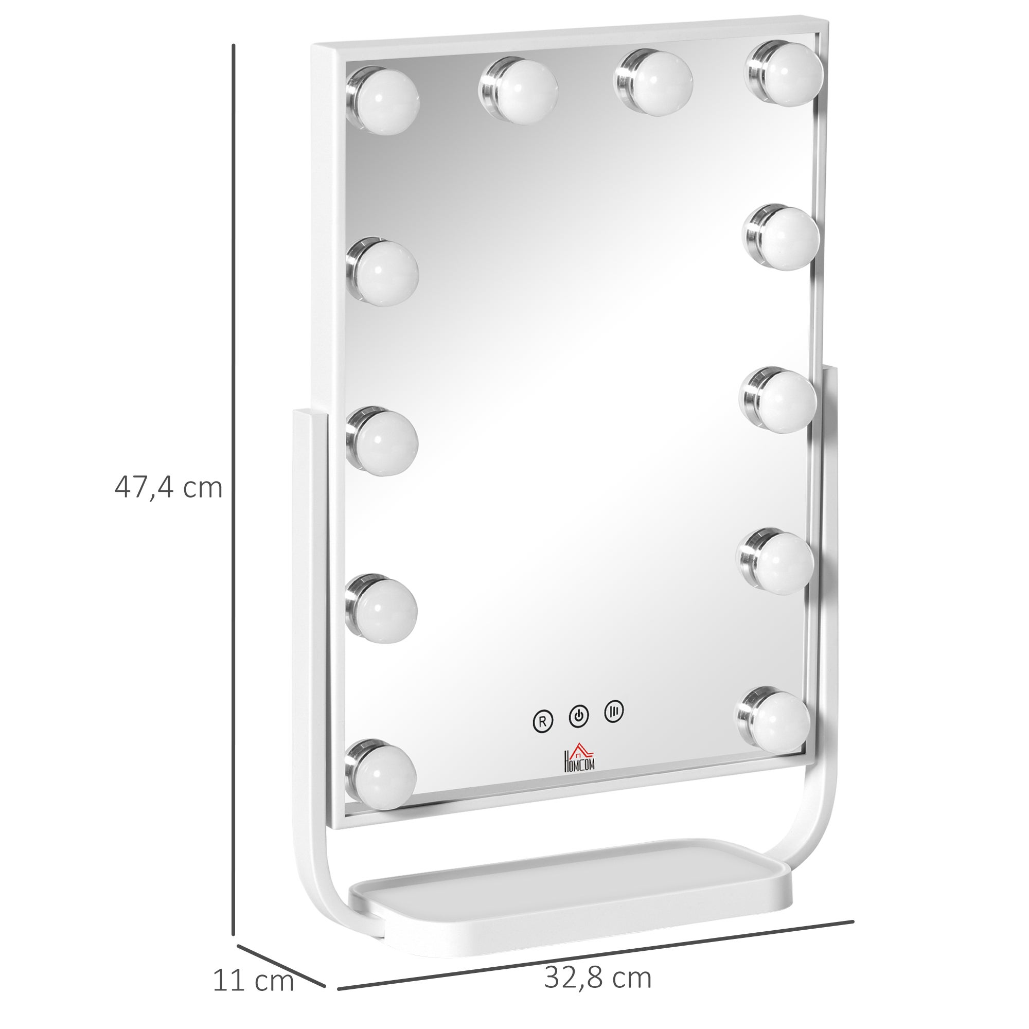Miroir maquillage Hollywood léger 12 LED 3 modes, écran tactile lumineux réglable, fonction mémoire, chambre/salle bain, 32,8x11x47,4 cm, blanc - 5