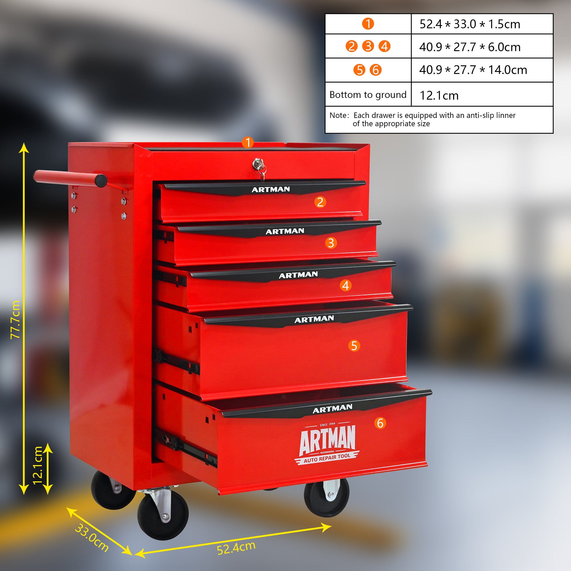 Coffre à outils métallique à roulettes avec 5 tiroirs, armoire à outils pliable en 5 parties avec glissières à billes - 7