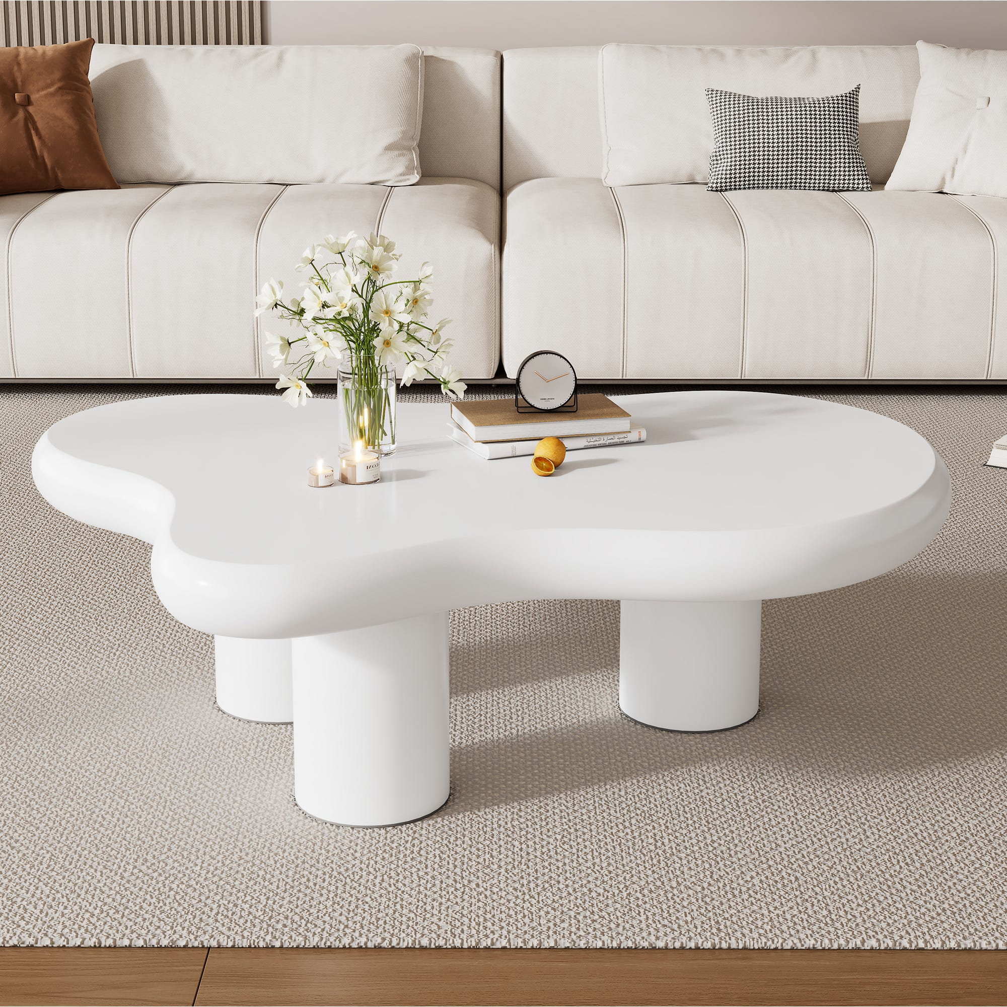 Table Basse Ovale Milieu Du Siècle Moderne En Forme De Nuage - Bois Mangue Blanche 80cm