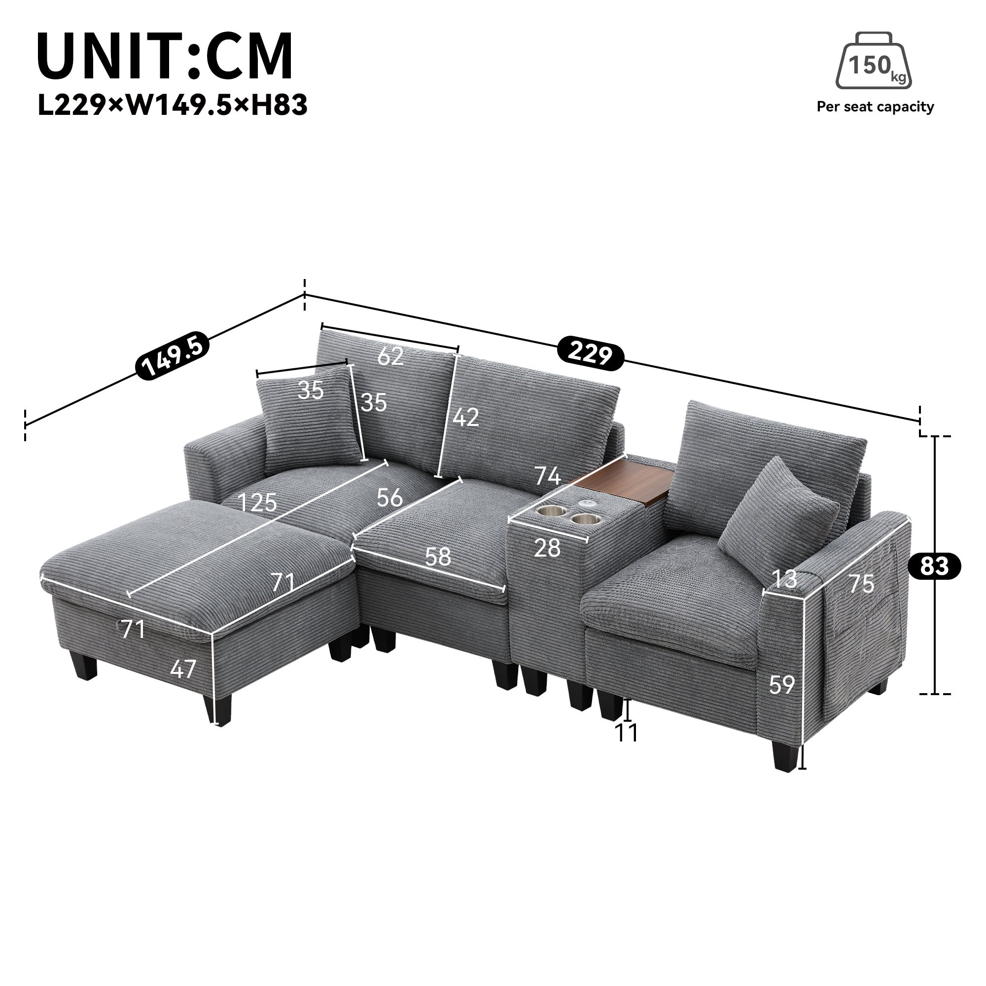 Canapé moderne - avec console - 2 porte-gobelets - port de chargement USB - poches de rangement sur les accoudoirs - avec coussins - gris - 6