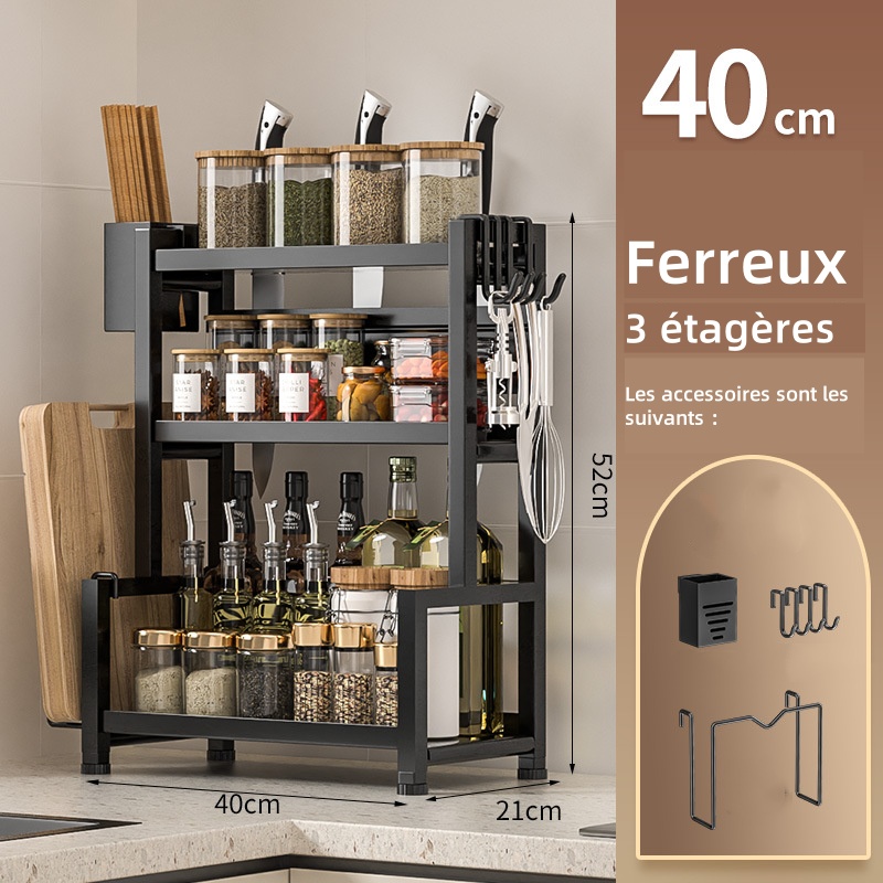 Gruba wielofunkcyjna półka kuchenna do blatów domowych, z uchwytem na pałeczki i deskę do krojenia, 3 poziomy, 40 cm